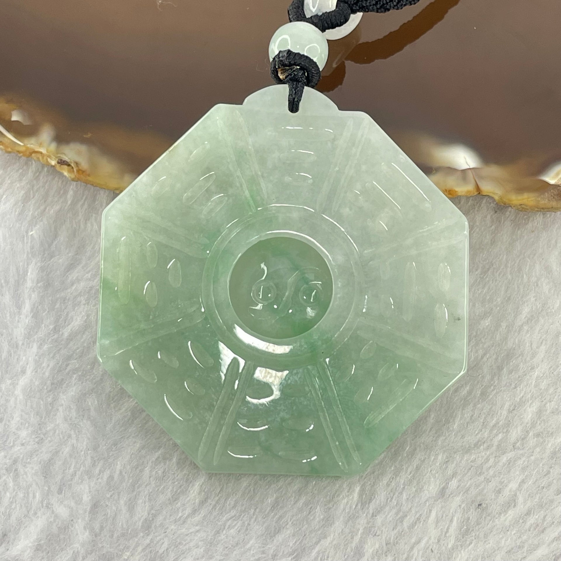 Type A Light Green Jadeite Tai Chi Bagua Pendant Necklace 33.87g 48.3 by 46.0 by 5.4mm - Huangs Jadeite and Jewelry Pte Ltd