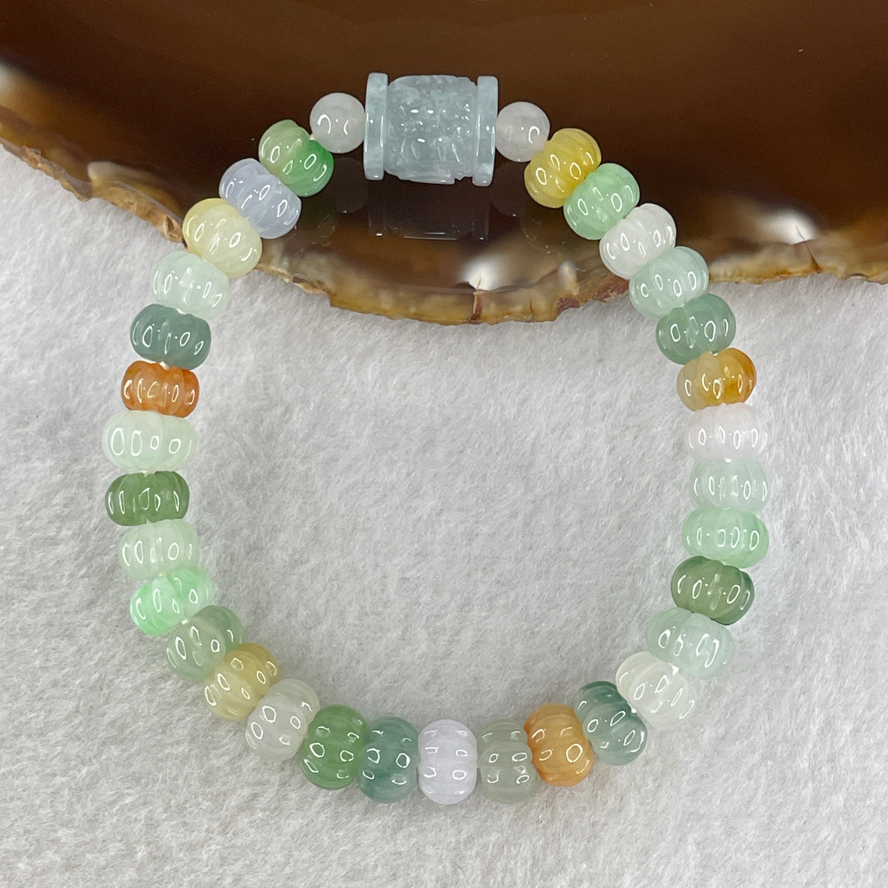 Certified Natural Type A Muti Color Green Lavender Brownish Jadeite Pumpkin Beads  with Lulutong Bracelet 24.62g 16cm 8.7mm 39 Beads - Lulutong 13.1 by 11.1mm - Huangs Jadeite and Jewelry Pte Ltd