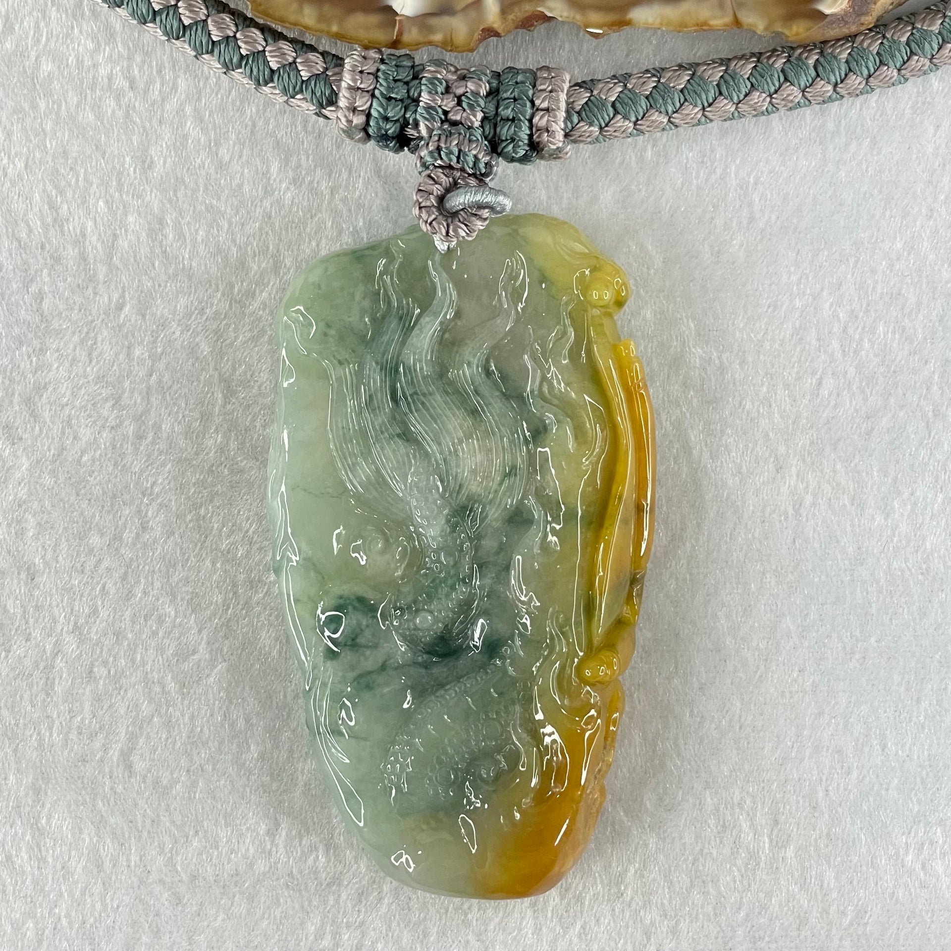 Type A Blueish Green and Yellow with Dark Blueish Green Piao Hua Jadeite Double Sided Dragon Pendant Necklace 89.28g 73.2 by 41.2 by 14.3mm - Huangs Jadeite and Jewelry Pte Ltd