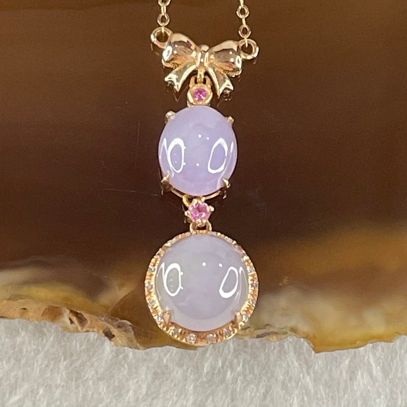 Type A Lavender Jadeite Cabouchons 8.0 by 4.2mm and 8.0 by 6.5 by 3.5mm with Diamonds in 18K Rose Gold Necklace 2.55g 40 and 45cm - Huangs Jadeite and Jewelry Pte Ltd
