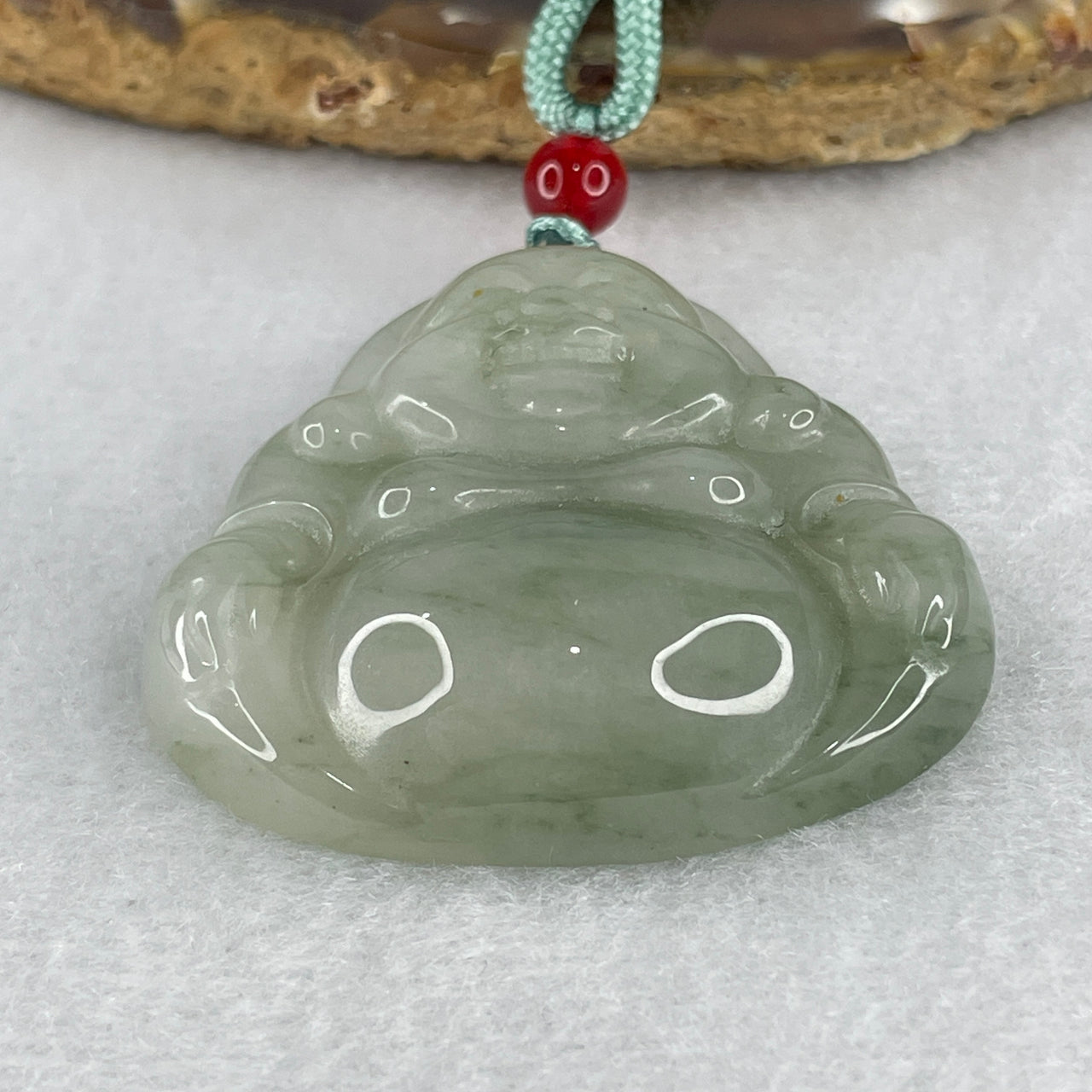 Natural Green Quartzite Jade Laughing Milo Buddha Pendant 26.65g 42.4 by 42.4 by 11.2mm