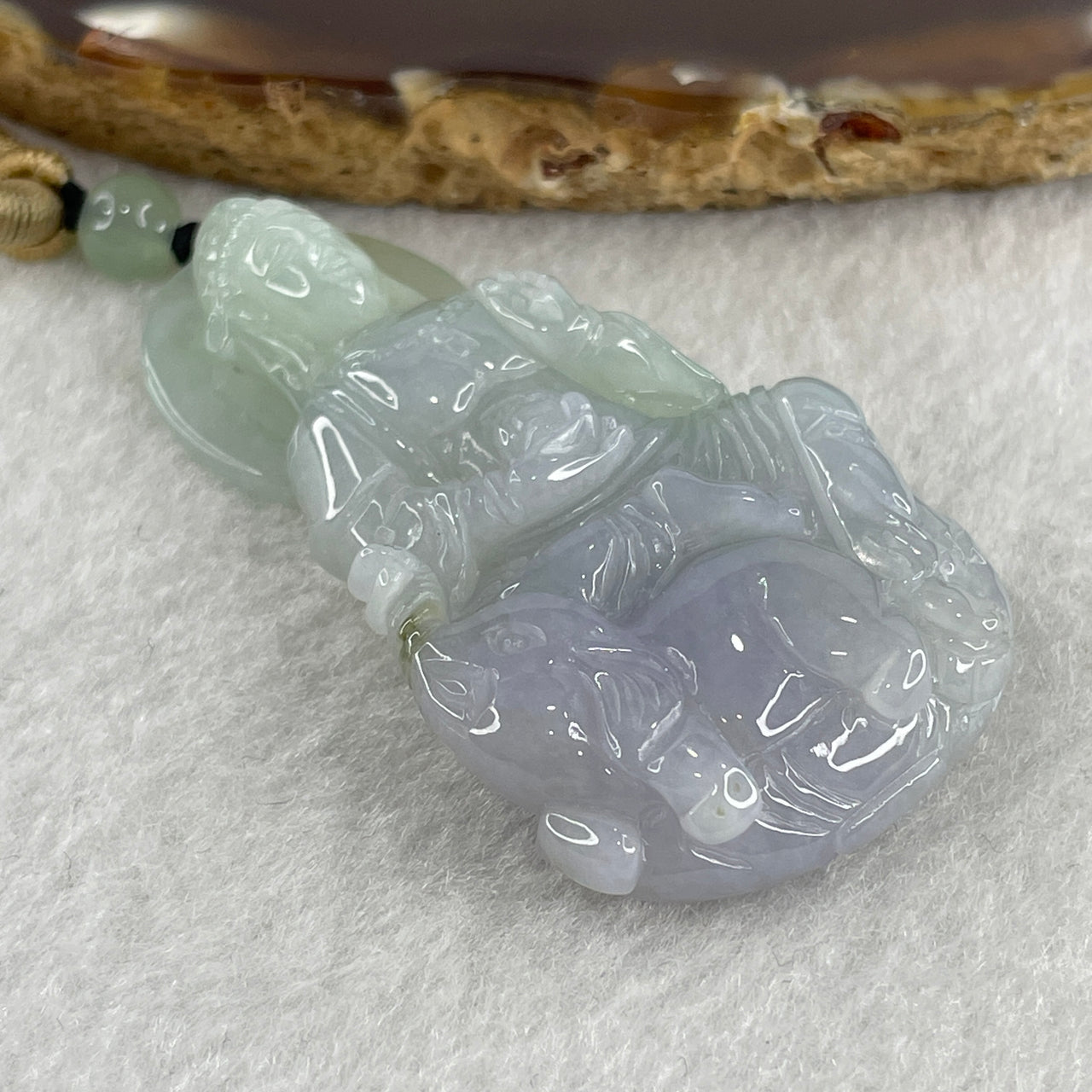 Certified Natural Good Grade Type A Jelly Lavender with Green Jadeite Samantabhadra Bodhisattva Guan Yin on Elephant Pendant 30.25g 26.8 by 31.3 by 11.4mm