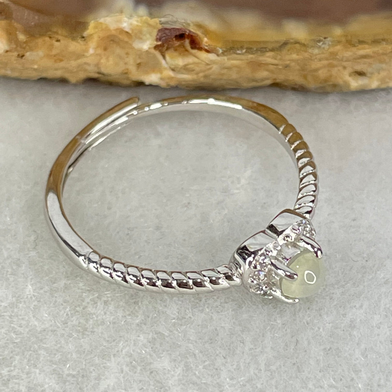 Type A Semi Icy Lavender Cabochon Jadeite in S925 Sliver Heart Ring (Adjustable Size) 1.10g 2.7 by 2.5mm - Huangs Jadeite and Jewelry Pte Ltd