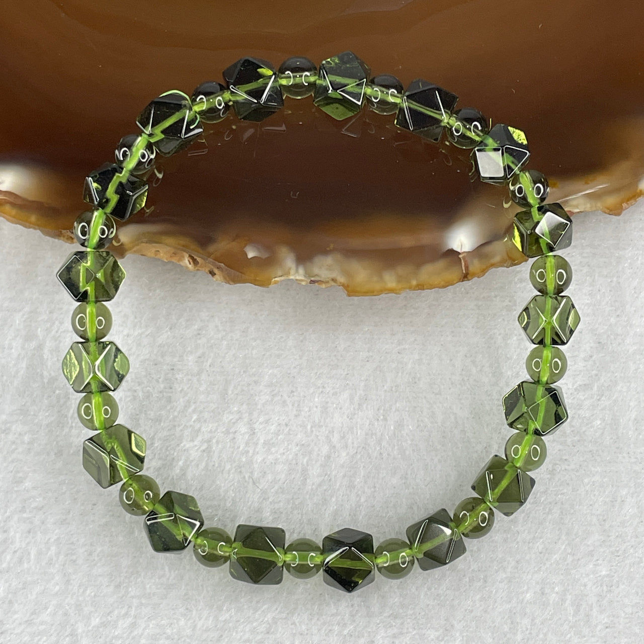 Collectors Grade Natural Czech Republic Moldavite Meteorite Crystal Beads with Square Beads Bracelet 10.71g 16cm 6.7mm 17 Square Beads - 5.0mm 17 Beads