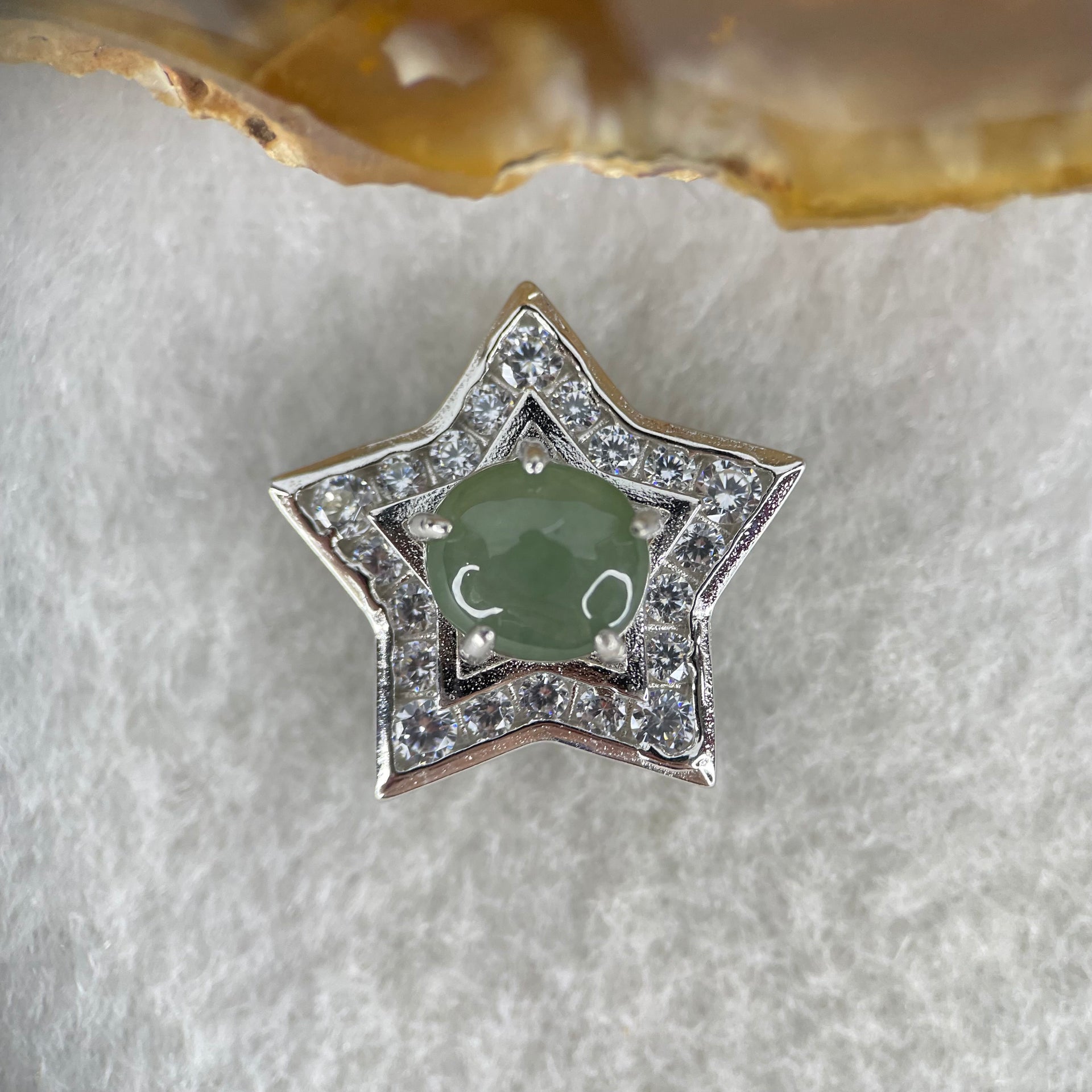 Type A Semi Icy Blueish Green Cabochon Jadeite in S925 Sliver Star with Crystal Charm 2.41g 7.8 by 6.9 by 3.5mm - Huangs Jadeite and Jewelry Pte Ltd