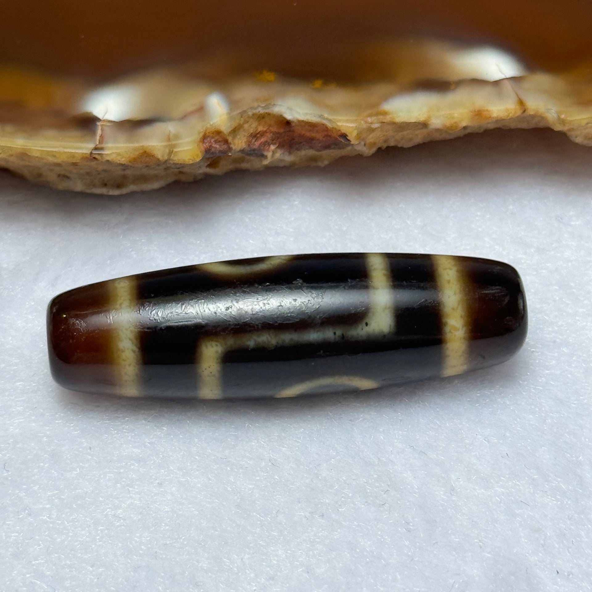 Natural Powerful Tibetan Old Oily Agate 2 Eyes Dzi Bead Heavenly Master (Tian Zhu) 二眼天诛 7.93g 38.8 by 11.5mm - Huangs Jadeite and Jewelry Pte Ltd