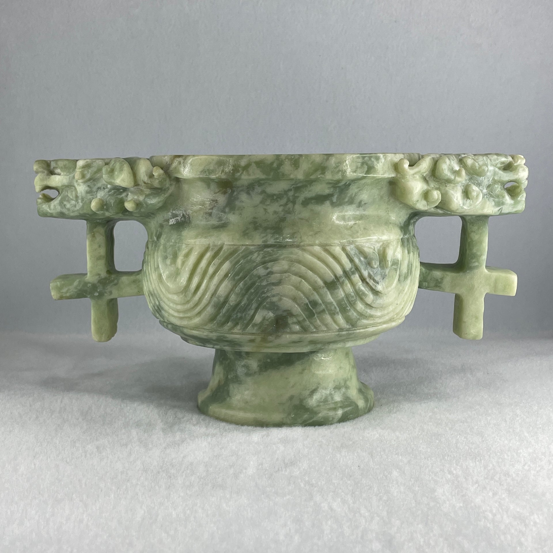 Natural Green with White Piao Hua Serpentine Double Dragon Head on Wealth Pot with Wooden Stand Display 2,463.9g 231.0 by 127.0 by 156.0mm - Huangs Jadeite and Jewelry Pte Ltd