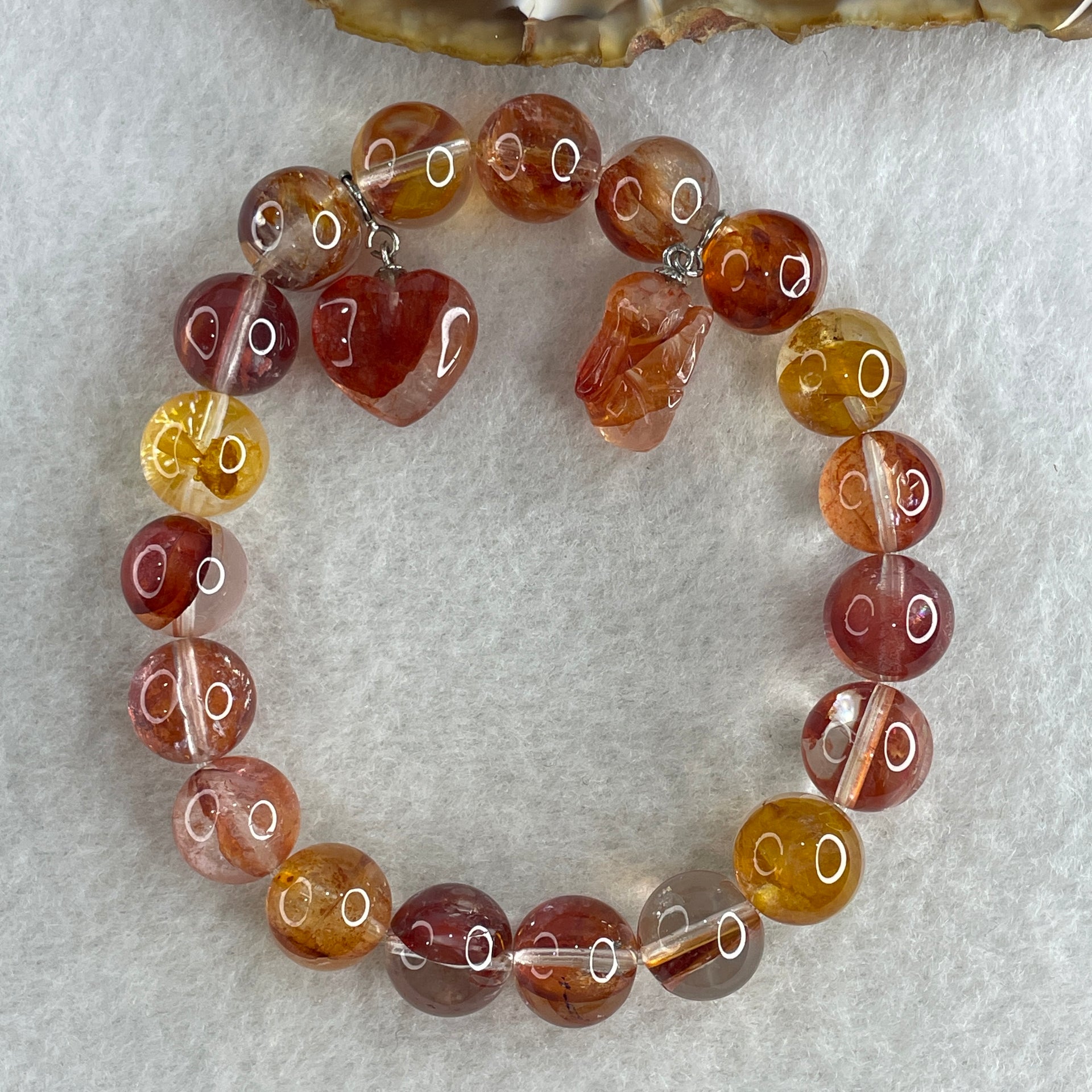 Good Grade Natural Red with Orange Ferruginous Quartz Beads with Heart Shape and Rabbit Charm Bracelet 31.41g 15.5cm 10.2mm 19 Beads - Huangs Jadeite and Jewelry Pte Ltd