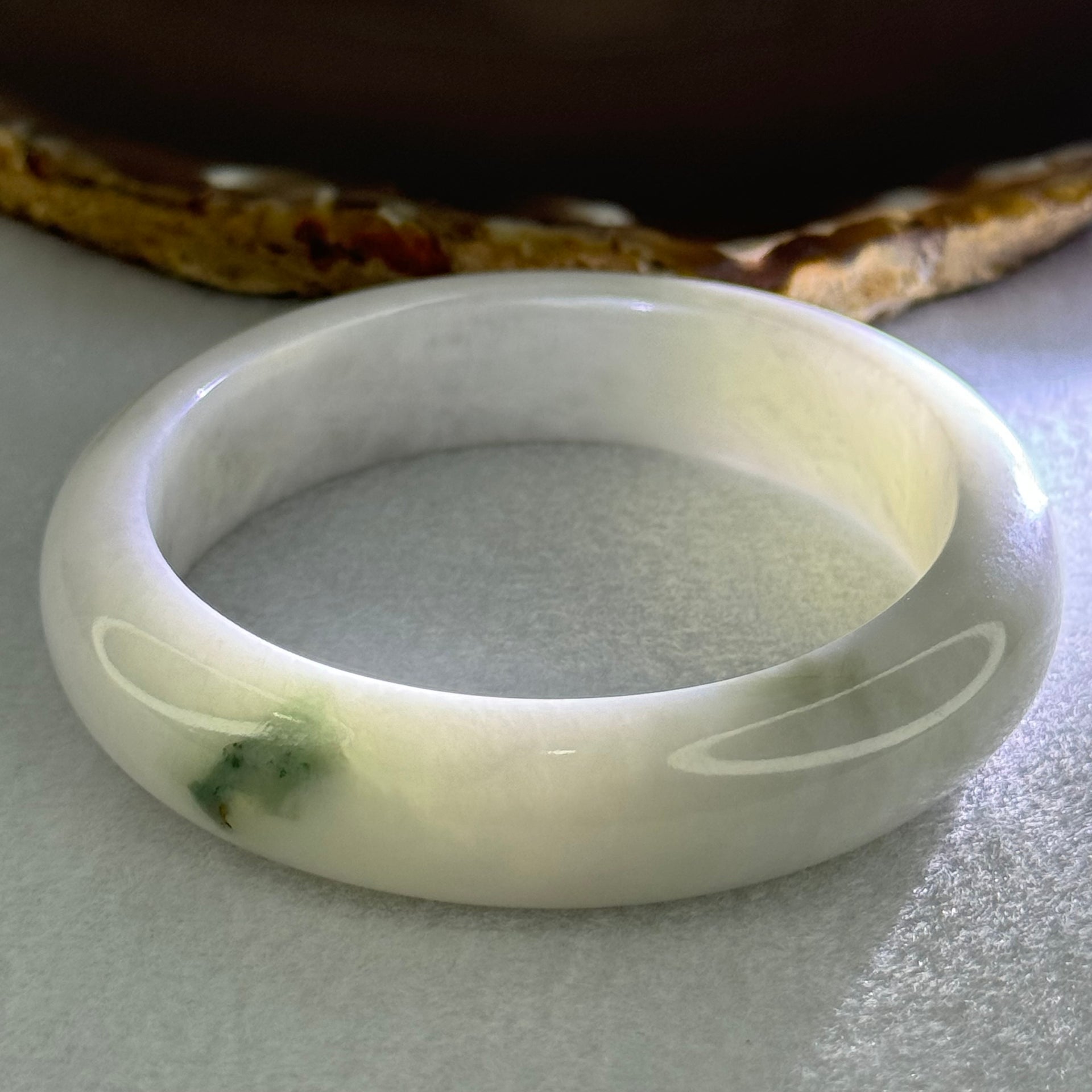 Type A Faint Green Lavender with Moss Green Patch Jadeite Bangle Internal Diameter 55.8mm 67.56g 14.8 by 8.6mm (Internal Lines) - Huangs Jadeite and Jewelry Pte Ltd