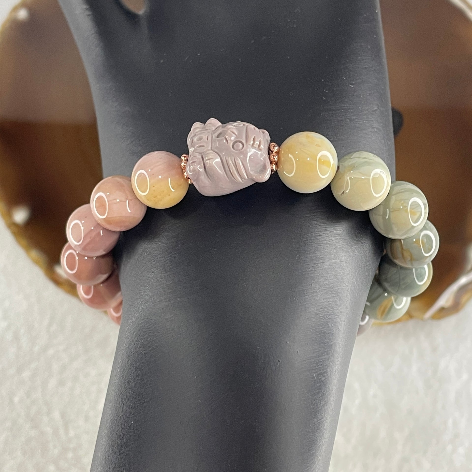 Natural Alashan Agate Pastels Pink Beads with Cat Charm Bracelet 29.60g 15.5cm 10.8mm 17Beads - Huangs Jadeite and Jewelry Pte Ltd