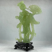 Natural Green Serpentine Fairy with Fan and Flower with Wooden Stand Display 476.2g 130.0 by 70.0 by 225.0mm - Huangs Jadeite and Jewelry Pte Ltd