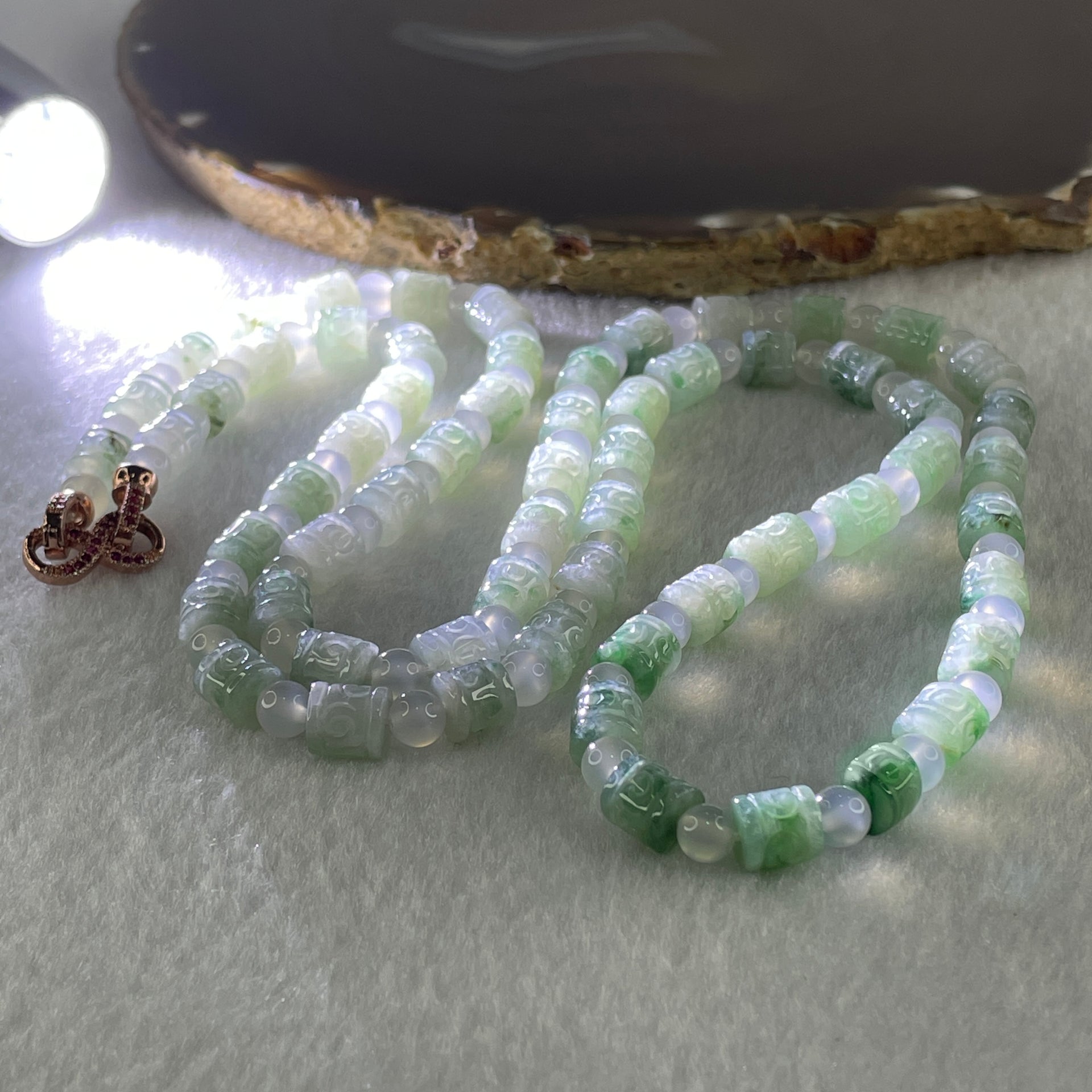 Certified Natural Type A Light Green Jadeite Lulutong Beads with Natural White Agate Beads Necklace 55.36g 74cm 6.6mm 62 Lulutong - Huangs Jadeite and Jewelry Pte Ltd