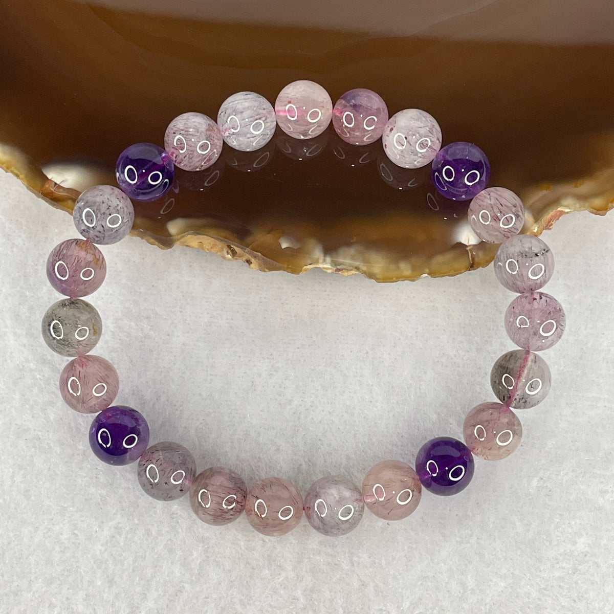 Certified Above Average Grade Natural Super 7 Crystal Beads Bracelet | 8.4mm Sacred 7-Mineral Synergy Power (18.05g | 16cm Wrist Sizing | 23 Beads)