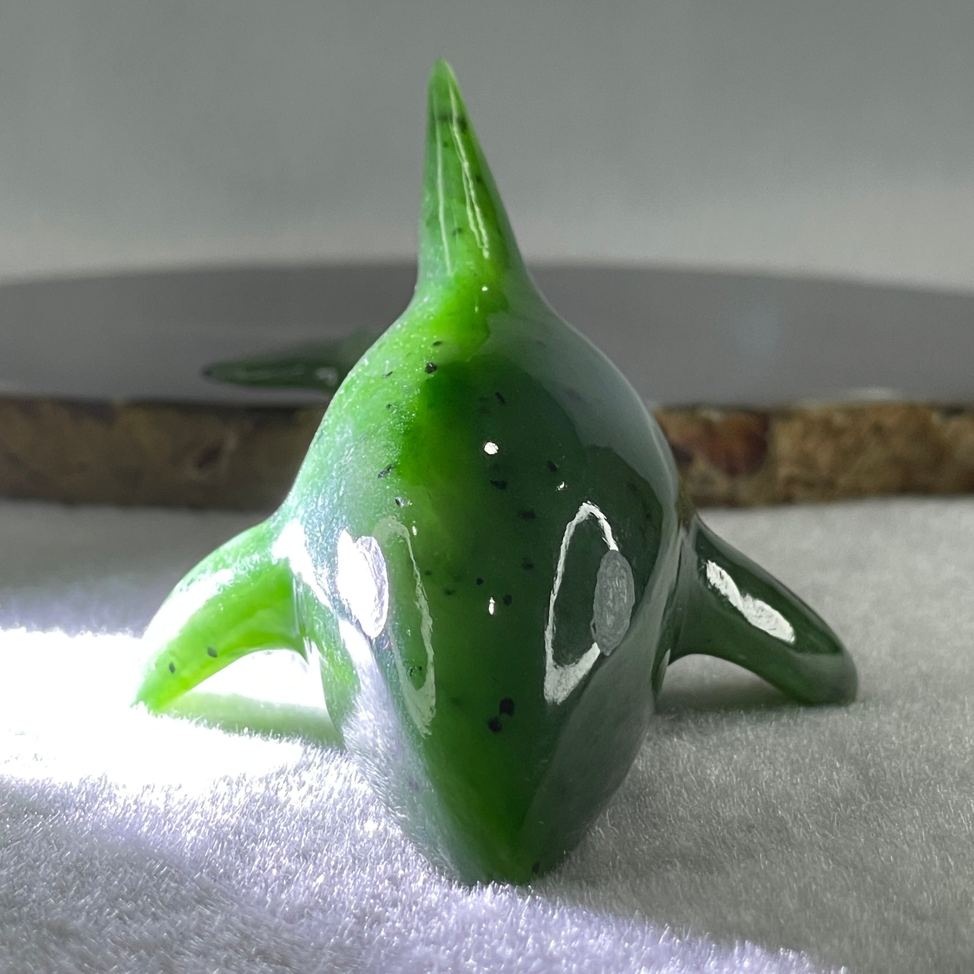Natural Dark Green Serpentine Killer Whale Display 148.0g 143.5 by 55.0 by 48.5mm - Huangs Jadeite and Jewelry Pte Ltd