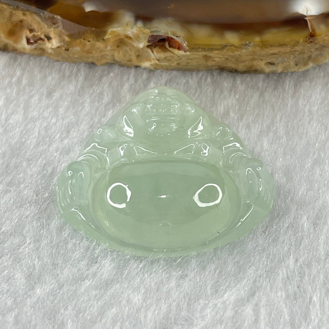 Natural Type A Semi Icy Faint Sky Blue to White Jadeite Milo Laughing Buddha Pendant 6.43g 23.9 by 25.6 by 7.4mm