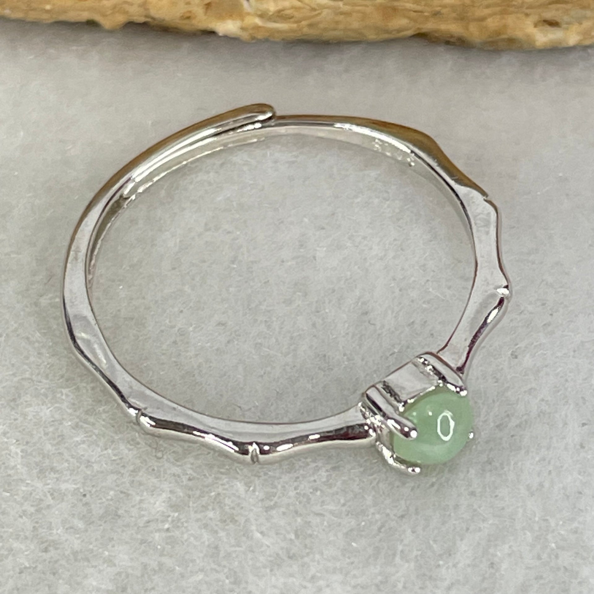 Type A Apple Green Cabochon Jadeite in S925 Sliver Bamboo Ring (Adjustable Size) 1.07g 3.8 by 2.5mm - Huangs Jadeite and Jewelry Pte Ltd