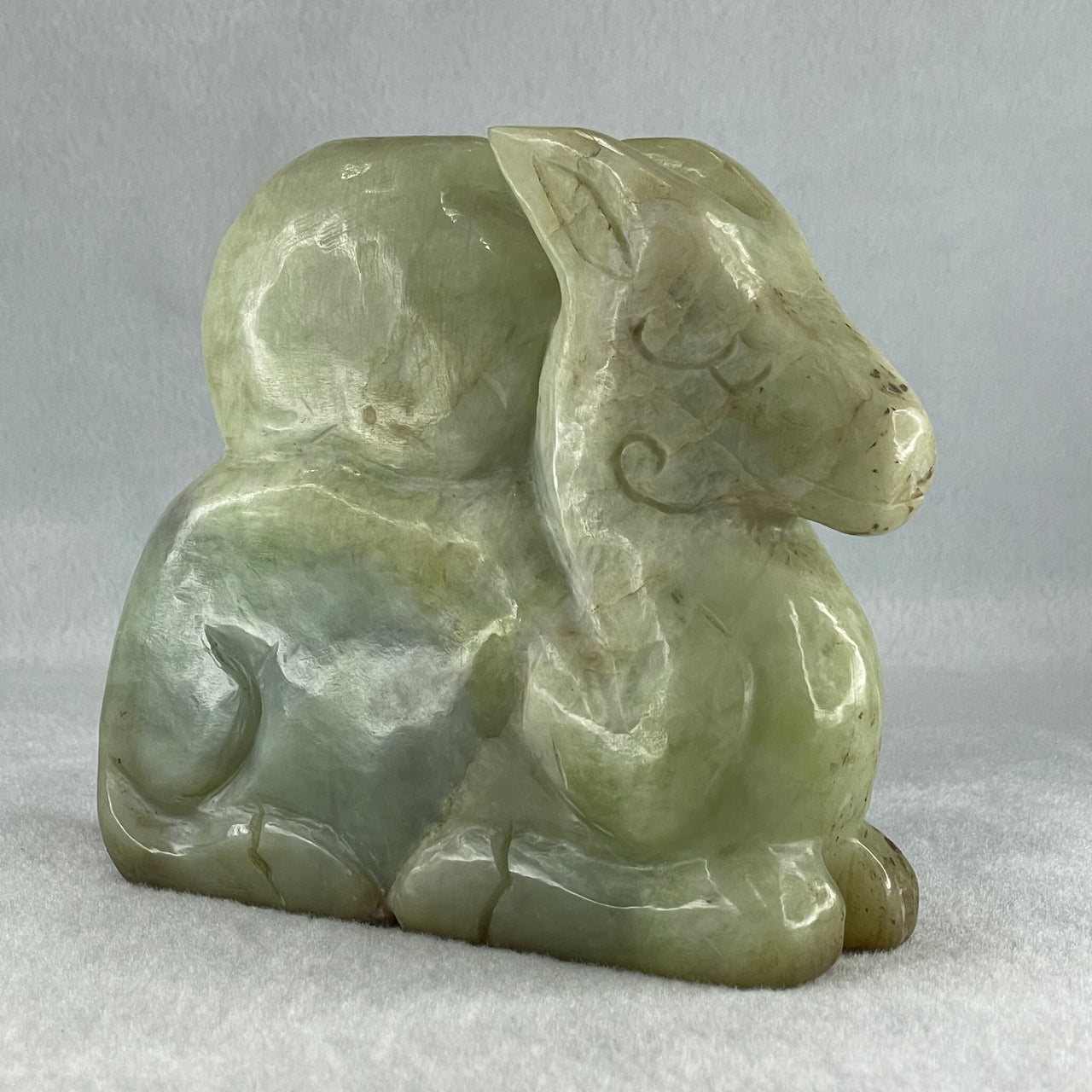 Natural Green Serpentine Deer with Longevity Peach Display 1,043.6g 135.0 by 43.0 by 115.0mm - Huangs Jadeite and Jewelry Pte Ltd