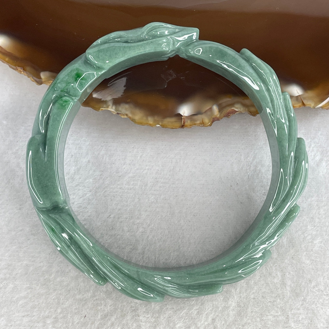 Natural Type A Blueish-Green Jadeite Carved Bangle | 59.6mm Wide-Band Mystical "Nine-Tailed Fox" | Internal Lines "Fei Cui" Statement Wrist Heirloom (63.69g 15.0x9.0mm)
