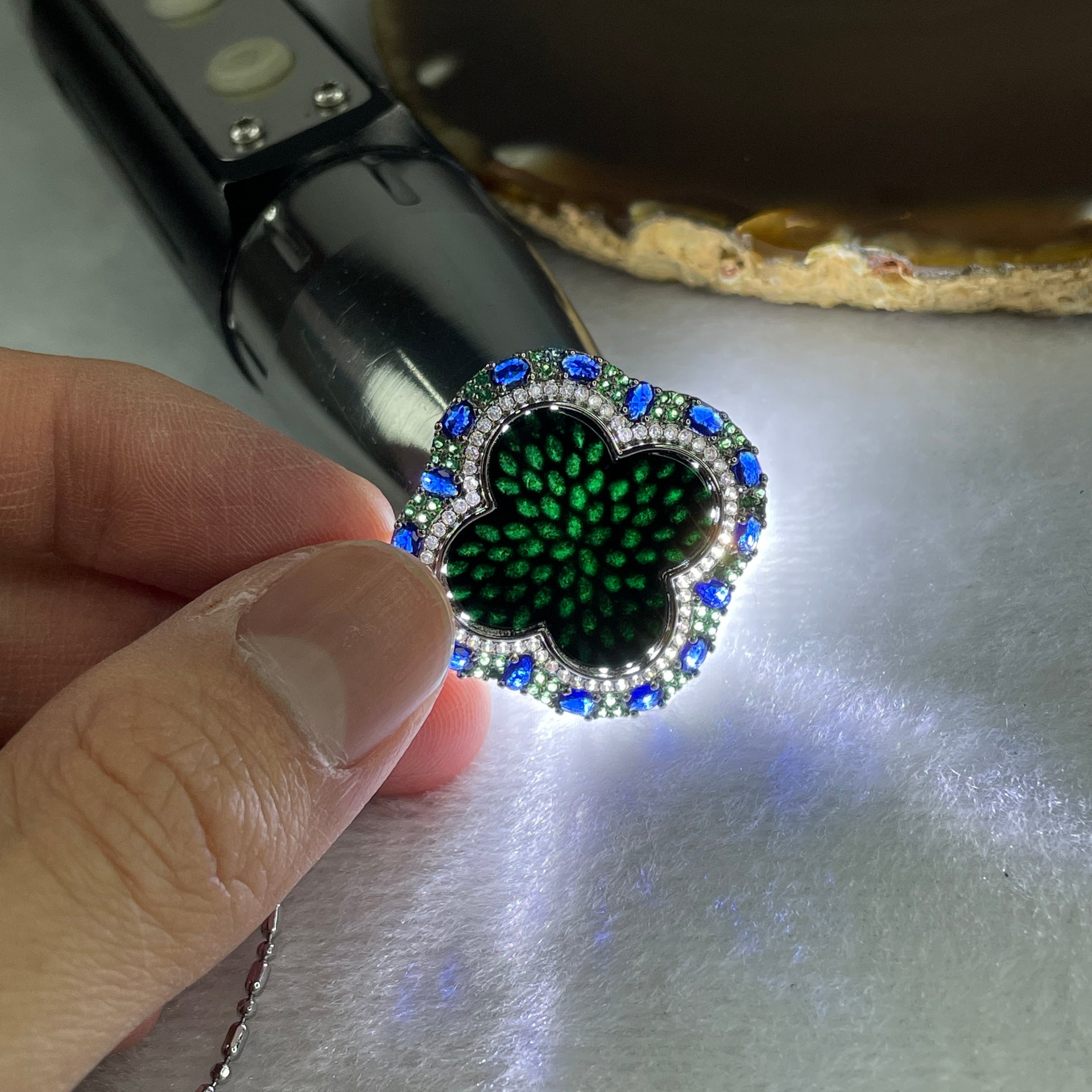 Certified-Natural-Type-A-Black-Omphacite-Jadeite-4-Leafs-Clover-in-S925-Sliver-Set-of-Earrings-6.6-by-6.4mm-Ring-and-Bracelet-9.9-by-8.9mm-Pendant-17.0-by-14.0mm-Total-21.55g