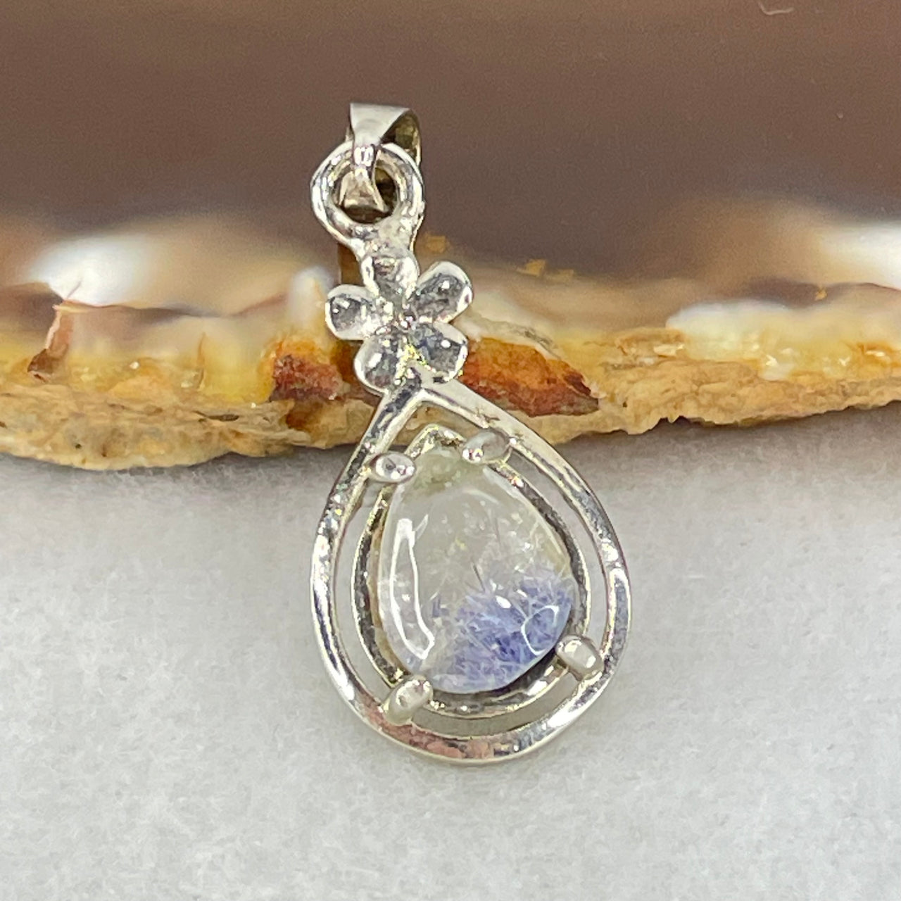Good Grade Rare Natural Blue Dumortierite Rutilated Quartz in S925 Pendant 2.08g 9.5 by 7.2 by 3.0mm - Huangs Jadeite and Jewelry Pte Ltd