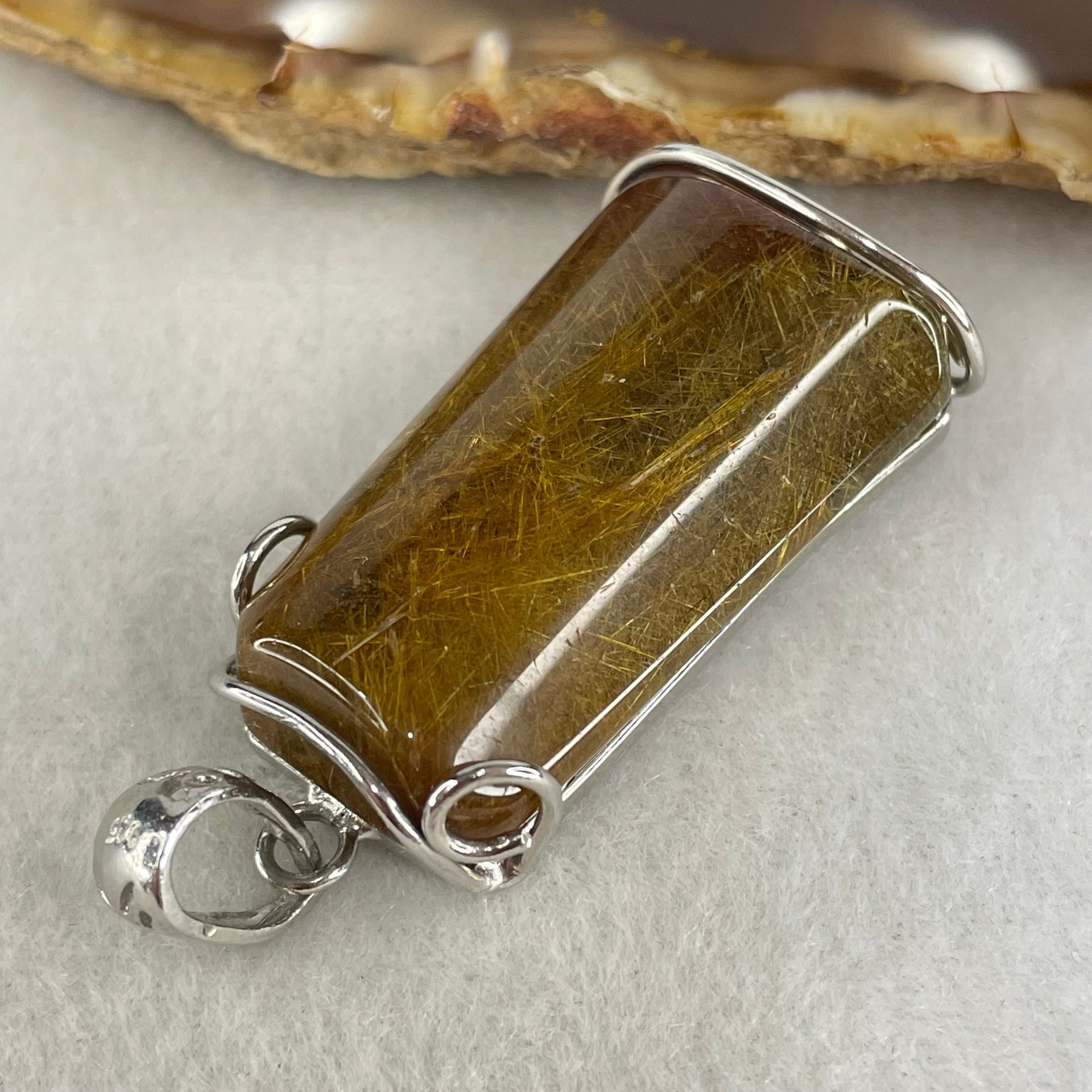 Good Grade Natural Copper Rutilated Quartz Rectangle Shape in S925 Silver Pendant 16.69g 35.0 by 19.8 by 12.9mm - Huangs Jadeite and Jewelry Pte Ltd
