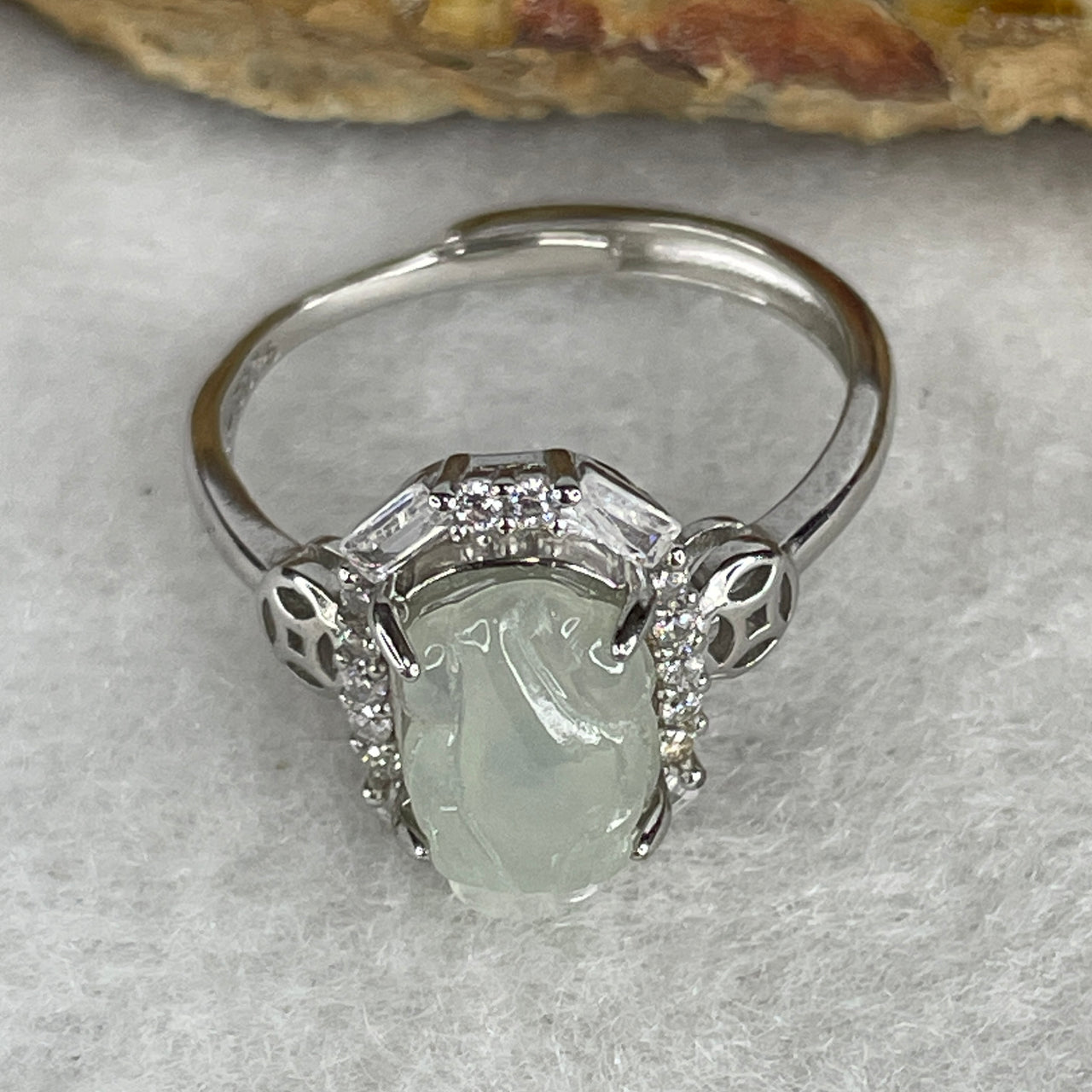 Type A Icy Faint Green Jadeite Imperial Money Frog Ring | Translucent Wealth-Attracting Jin Chan Carving | Solid S925 Sterling Silver Setting | Smart Adjustable Sizing (2.62g 9.5x7.0x3.5mm)