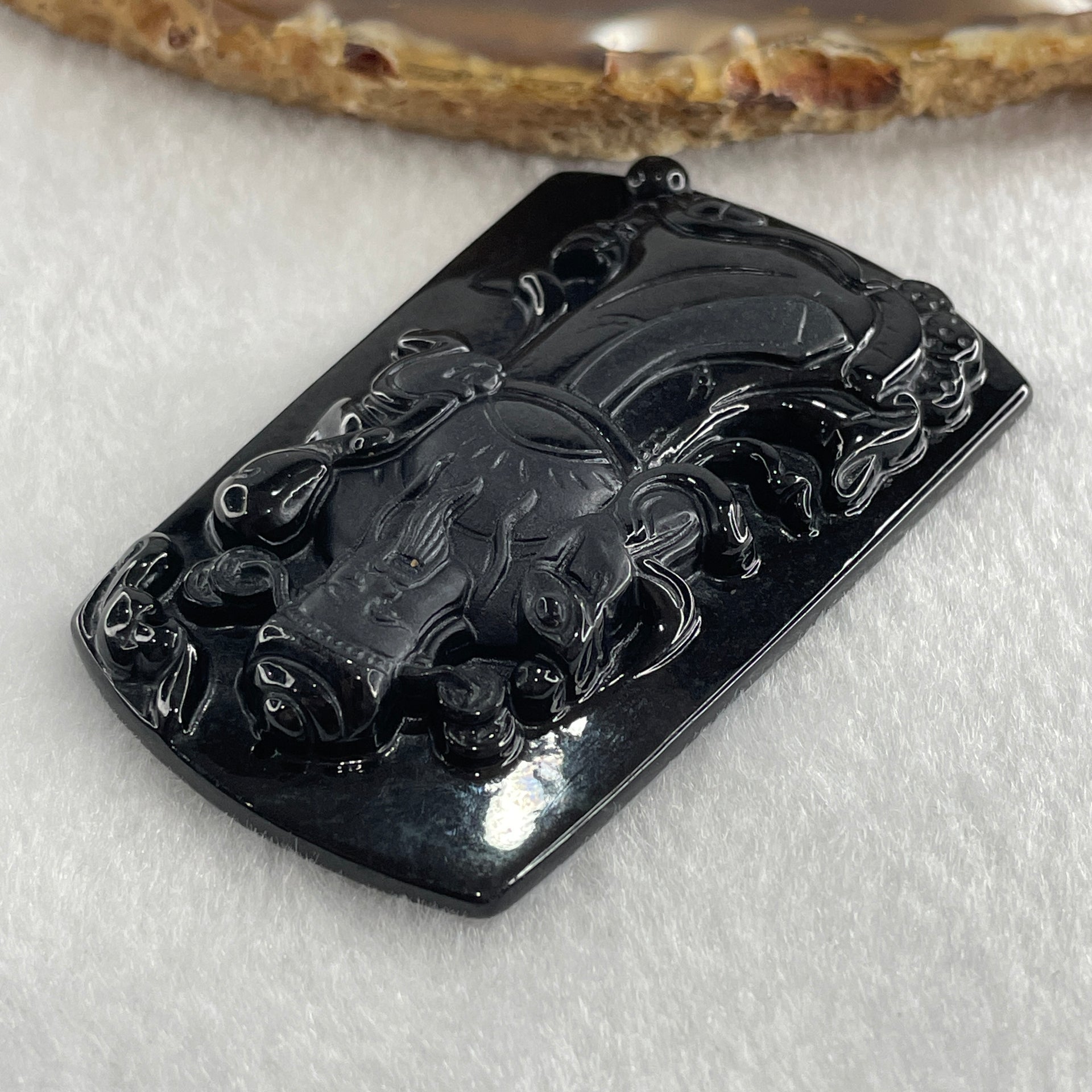 Type A Opaque to Partial Translucent Black Omphacite Jadeite Cai Shen Ye God of Fortune Pendant 26.80g 62.8 by 40.0 by 7.5mm - Huangs Jadeite and Jewelry Pte Ltd