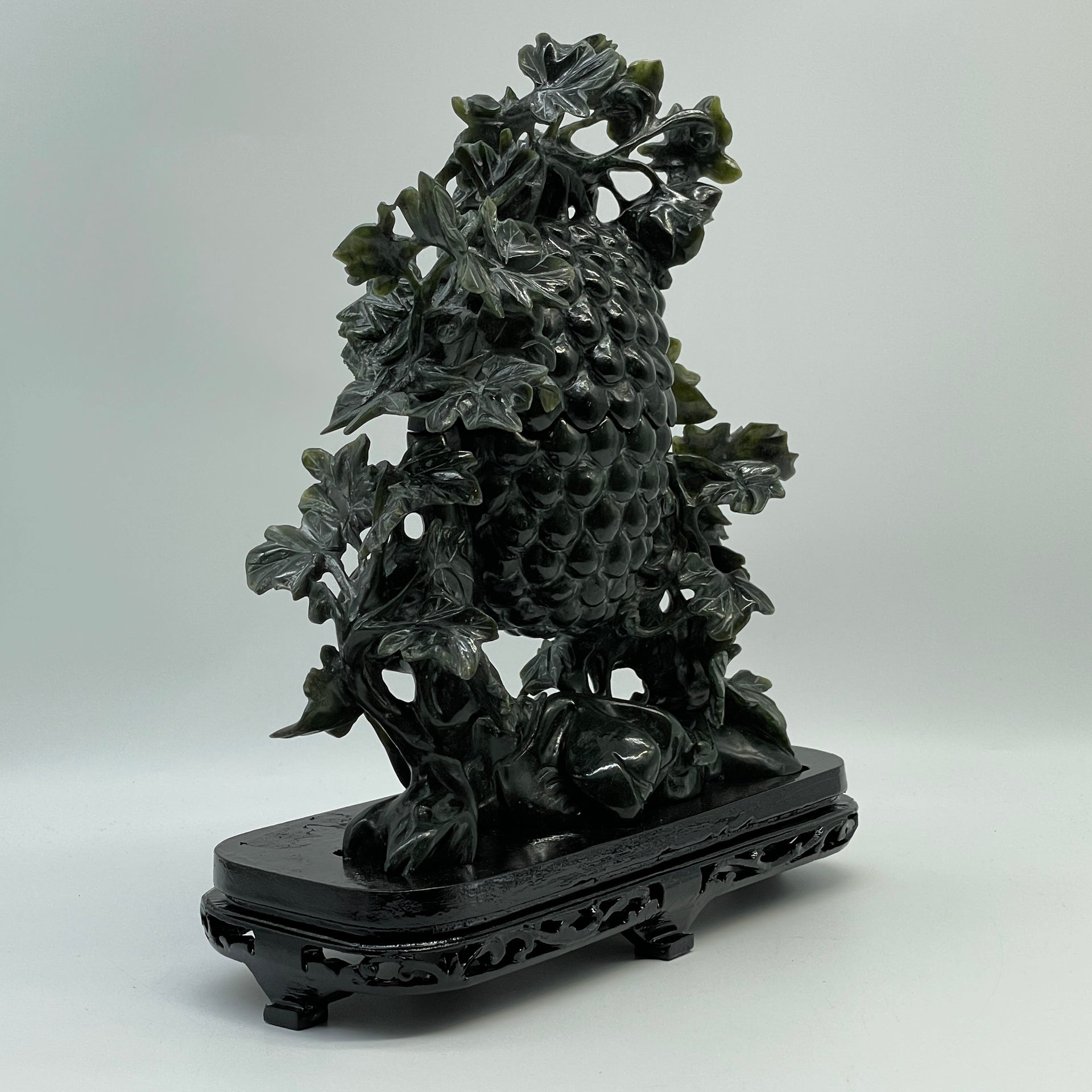 Natural Dark Green Nephrite Cricket Pair on Grapes Plant with Wooden Display 2,429.6g 241.0 by 100.0 by 260.0mm - Huangs Jadeite and Jewelry Pte Ltd