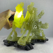 Natural Yellowish Green Serpentine 3 Victory Horse with Wooden Stand Display 1,929.3g 198.0 r we by 166.0 by 200.0mm - Huangs Jadeite and Jewelry Pte Ltd