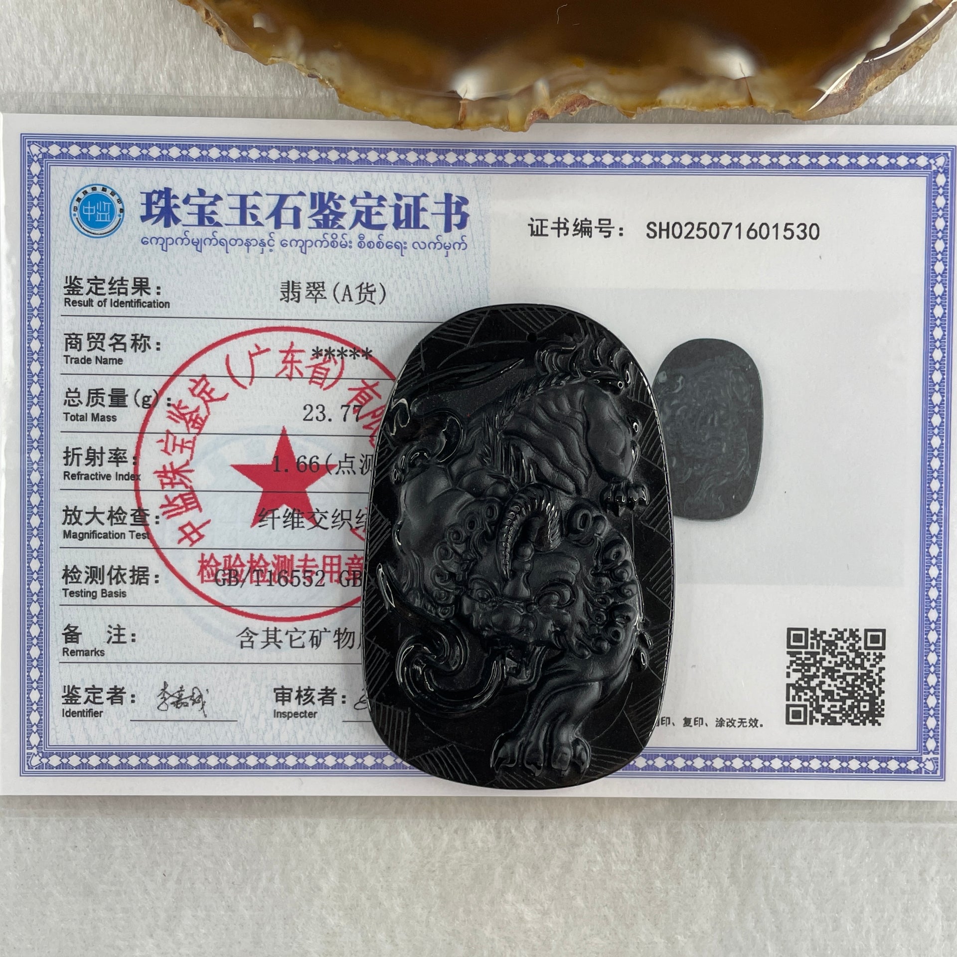Type A Opaque to Partial Translucent Black Omphacite Jadeite Pixiu Pendant 23.77g 63.4 by 40.9 by 8.3mm - Huangs Jadeite and Jewelry Pte Ltd