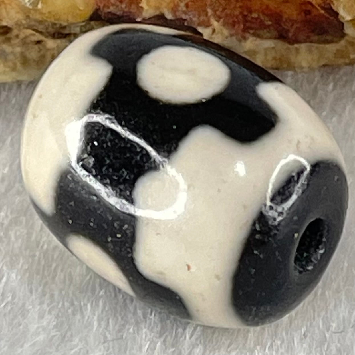 Natural Powerful Tibetan Old Oily Dark Brown With White Agate 3 Eyes Dzi Bead Heavenly Master (Tian Zhu) 三眼天诛 4.38g 17.0 by 13.0mm - Huangs Jadeite and Jewelry Pte Ltd