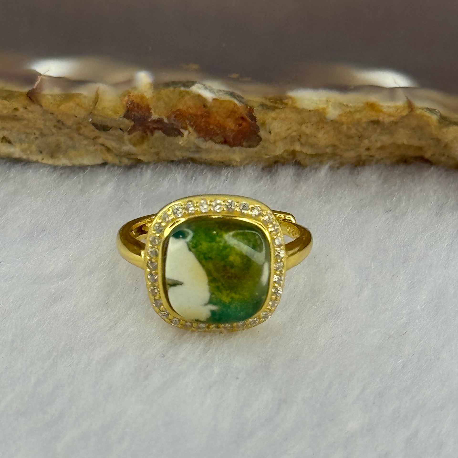 Natural Green Amber with Milk Inclusions in S925 Sliver Gold Color Ring (Adjustable Size) 2.26g 8.9 by by 2.5mm - Huangs Jadeite and Jewelry Pte Ltd