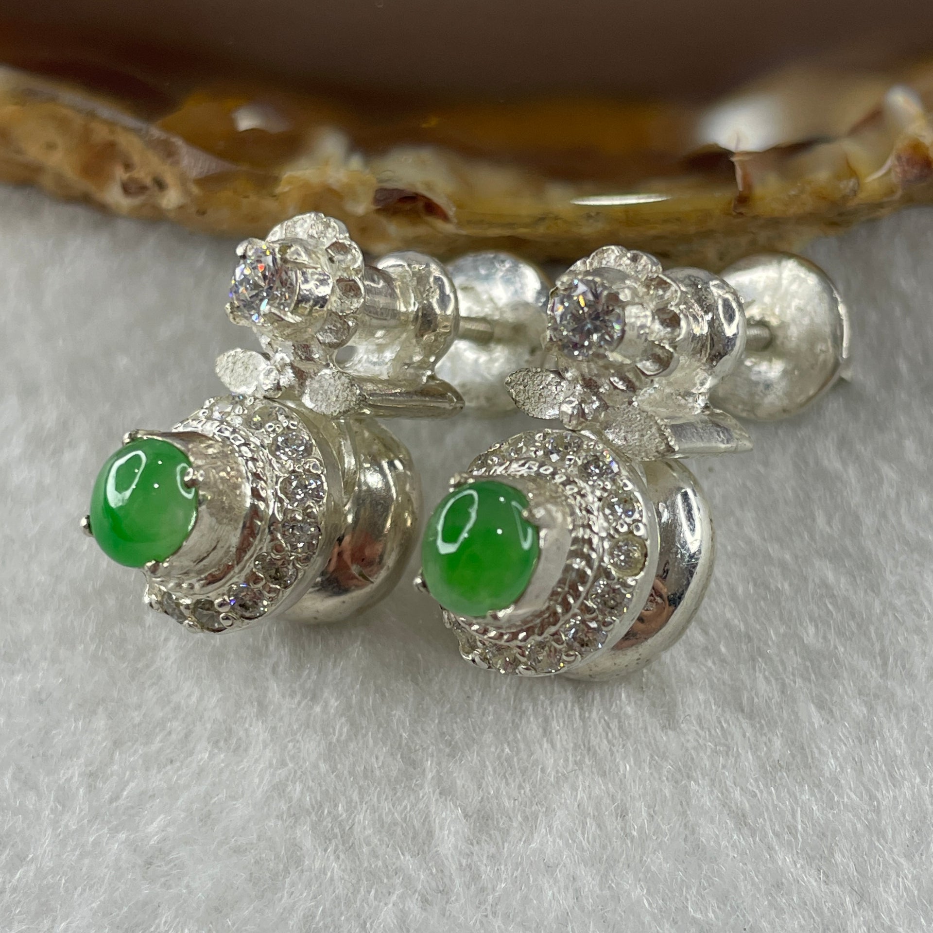 Type A Natural Semi Icy Green Jadeite Cabochon 6.2 by 5.5 by 2.5m Stone for Setting 22.45g (On Silver Earrings Mold) - Huangs Jadeite and Jewelry Pte Ltd