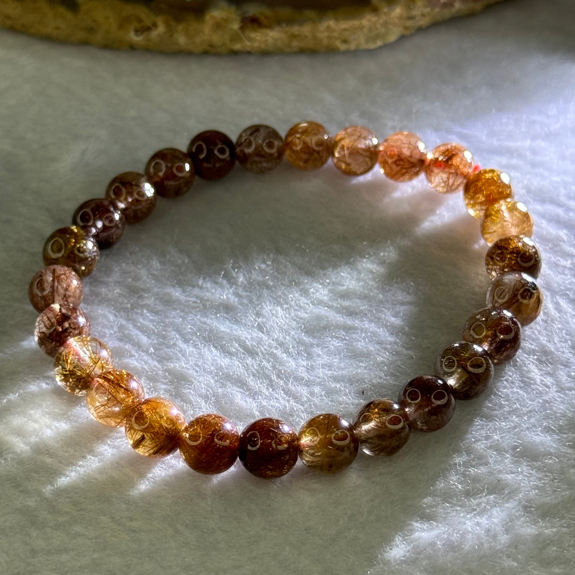 Natural Copper Rutilated Quartz Beads Bracelet 天然銅髮晶手镯 13.32g 15.5cm 7.5mm 26 Beads - Huangs Jadeite and Jewelry Pte Ltd