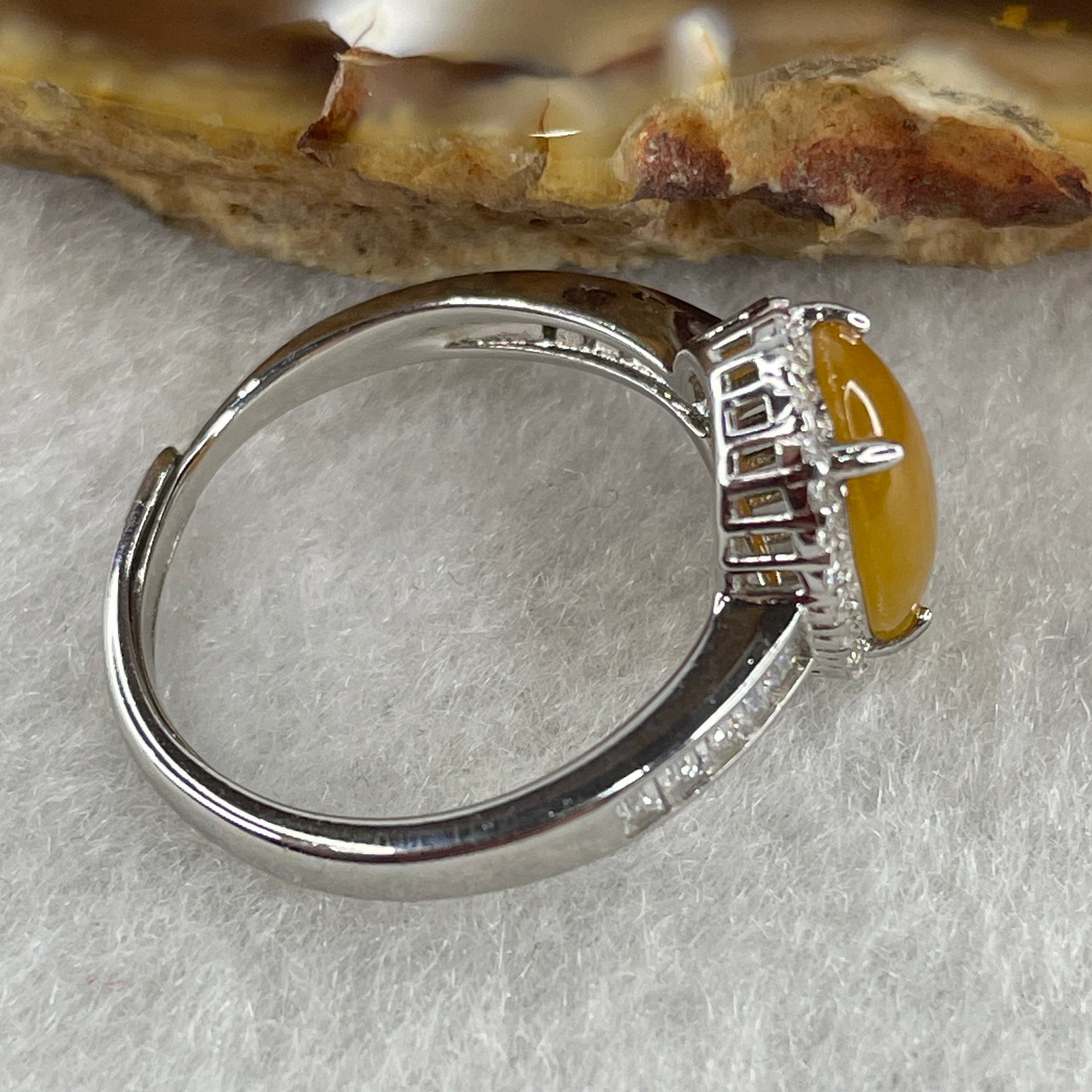 Type A Yellow Jadeite Ring in S925 Sliver with Cubic Zirconia 2.46g 10.0 by 7.5 by 3.0mm (Adjustable Size) - Huangs Jadeite and Jewelry Pte Ltd
