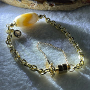 Natural Powerful Tibetan Old Oily Agate Tiger Tooth Daluo Dzi Bead with Stainless Steel Gold Color Bracelet 10.37g 16cm 19.1 by 10.1mm - Huangs Jadeite and Jewelry Pte Ltd