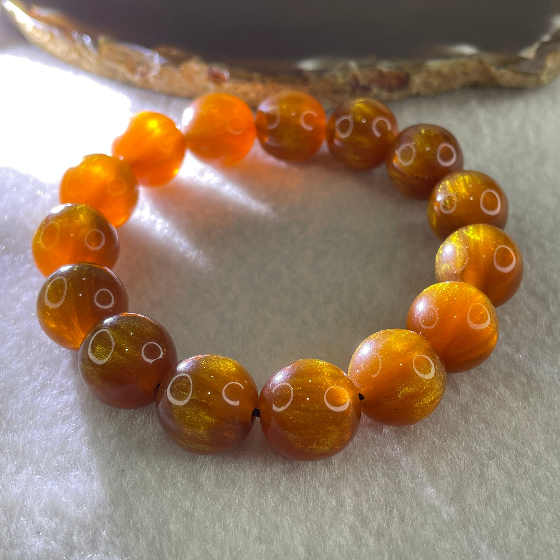 Golden Silk Willow Beads Bracelet 24.59g 16cm 13.6mm 15Beads - Huangs Jadeite and Jewelry Pte Ltd