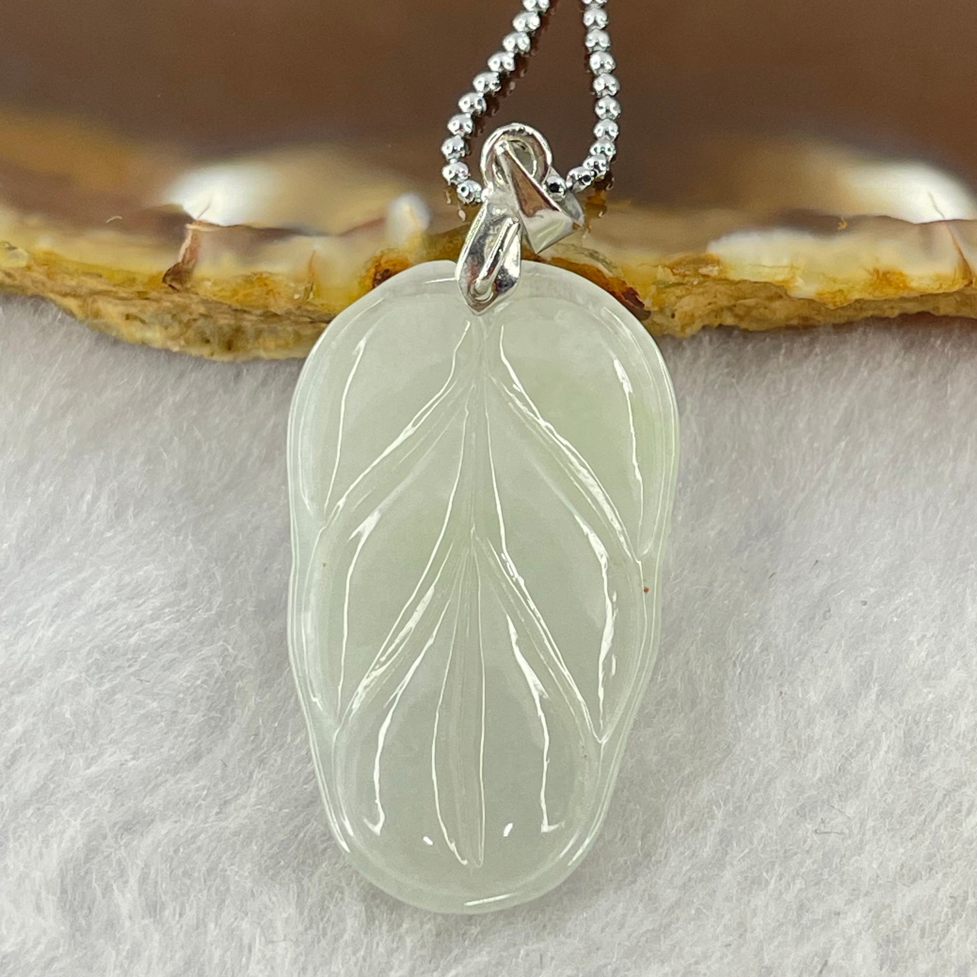 Type A Semi Icy Light Green Jadeite Leaf 30.1 by 17.5 by 3.7mm Pendant with S925 Sliver Necklace 3.80g - Huangs Jadeite and Jewelry Pte Ltd