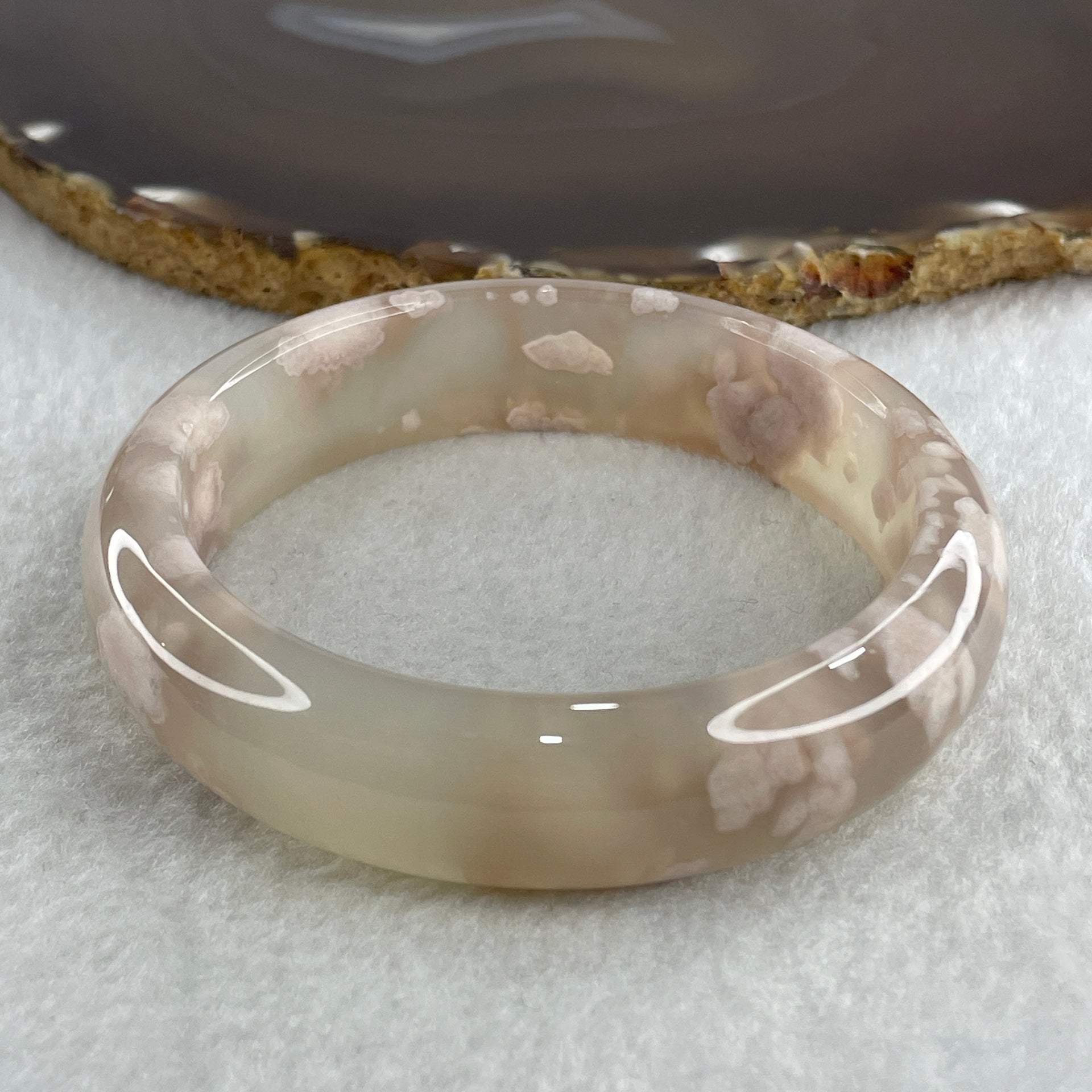 Natural Faint Pink Flower Agate Bangle 57.41g Internal Diameter 60.2mm 15.6 by 9.4mm (Perfect) - Huangs Jadeite and Jewelry Pte Ltd