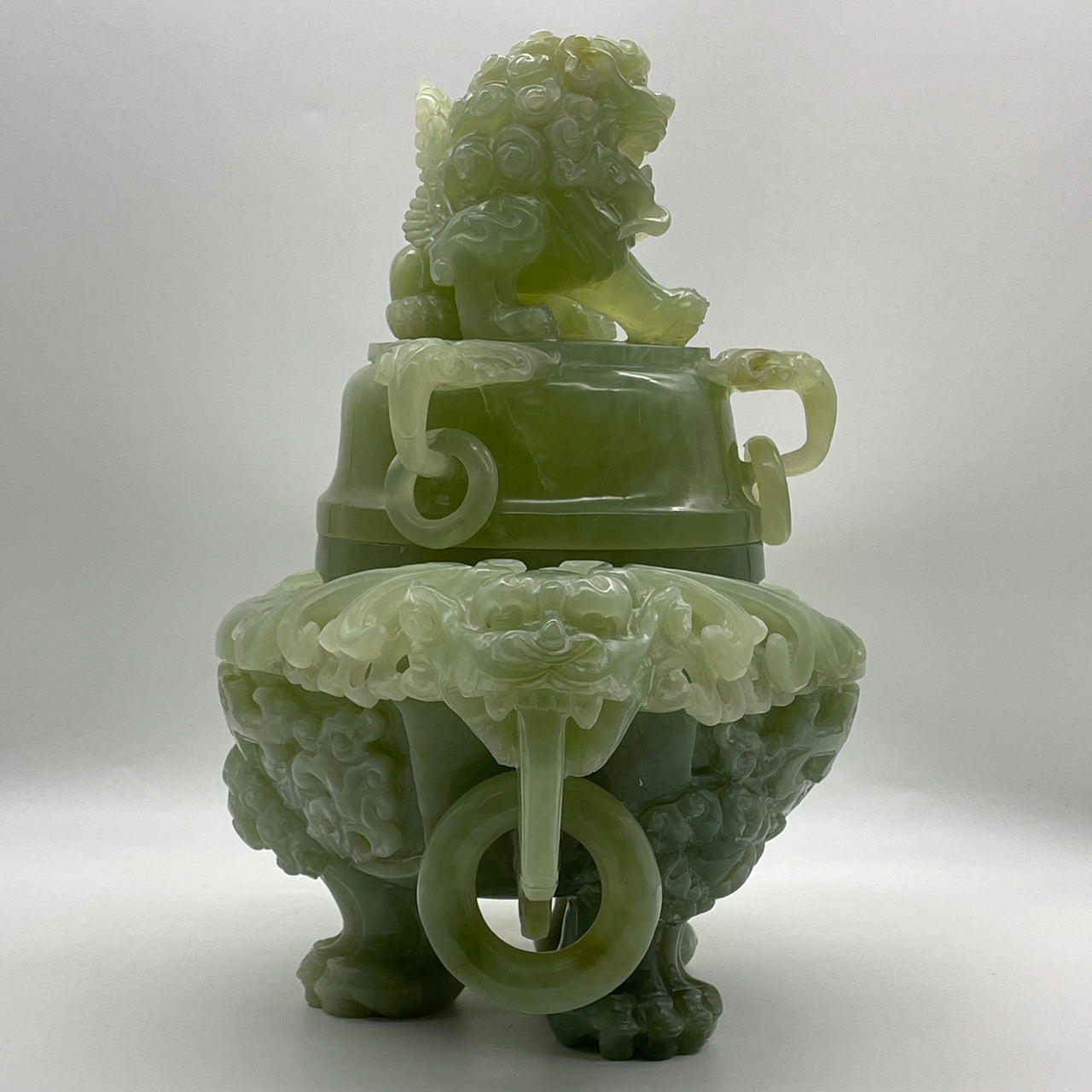 Natural Light Green Serpentine Flying Fu Gou Furnace Display 8,384.1g 370.0 by 220.0 by 330.0mm