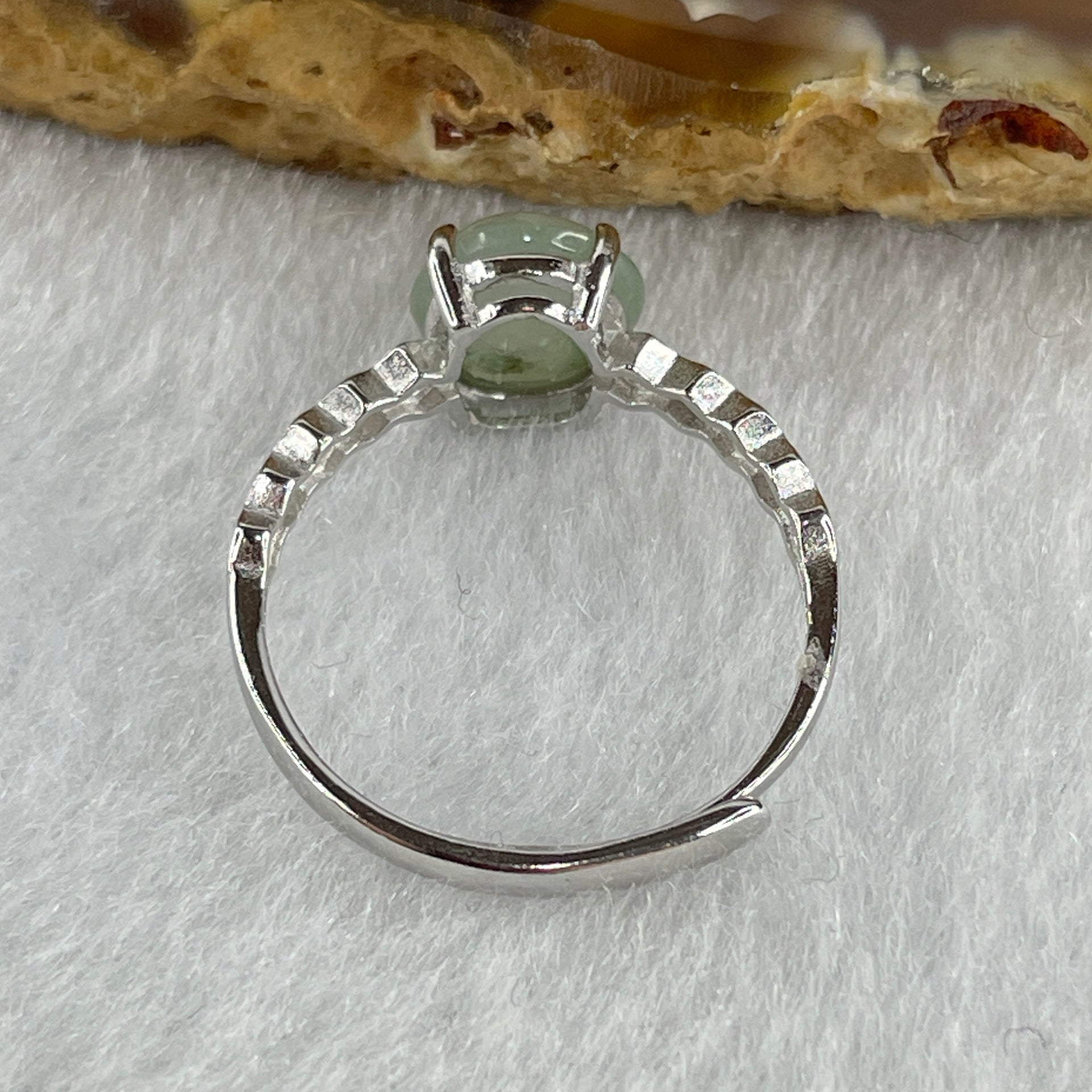 Natural Type A Semi Icy Faint Green Jadeite Round Shape Cabouchon with Cubic Zirconia in S925 Silver Ring (Adjustable Size) 1.44g 7.9 by 4.5mm - Huangs Jadeite and Jewelry Pte Ltd