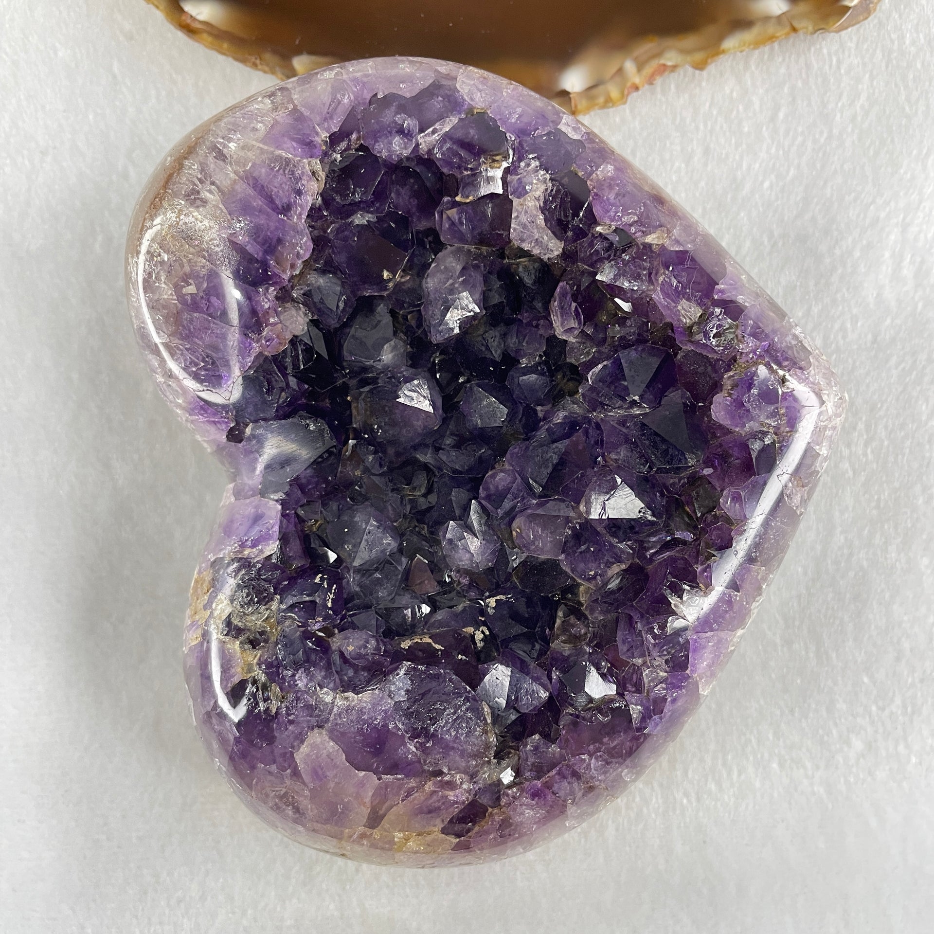 Natural Amethyst Heart Shape with Wooden Stand Display 784.3g 114.4 by 95.0 by 116.5mm - Huangs Jadeite and Jewelry Pte Ltd