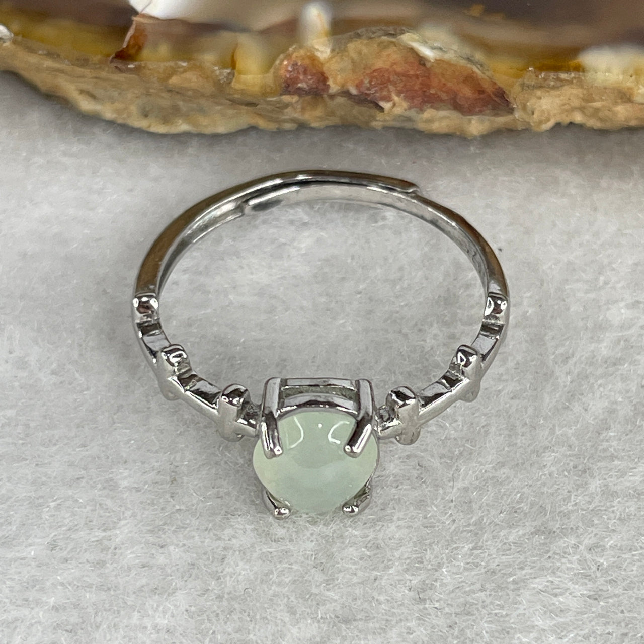 Type A Icy Faint Green Jadeite Cabochon Ring | Liquid-Glass Translucent Cushion Orb | Solid S925 Sterling Silver Setting | Smart Adjustable Sizing (1.67g 6.9x6.2x3.0mm)