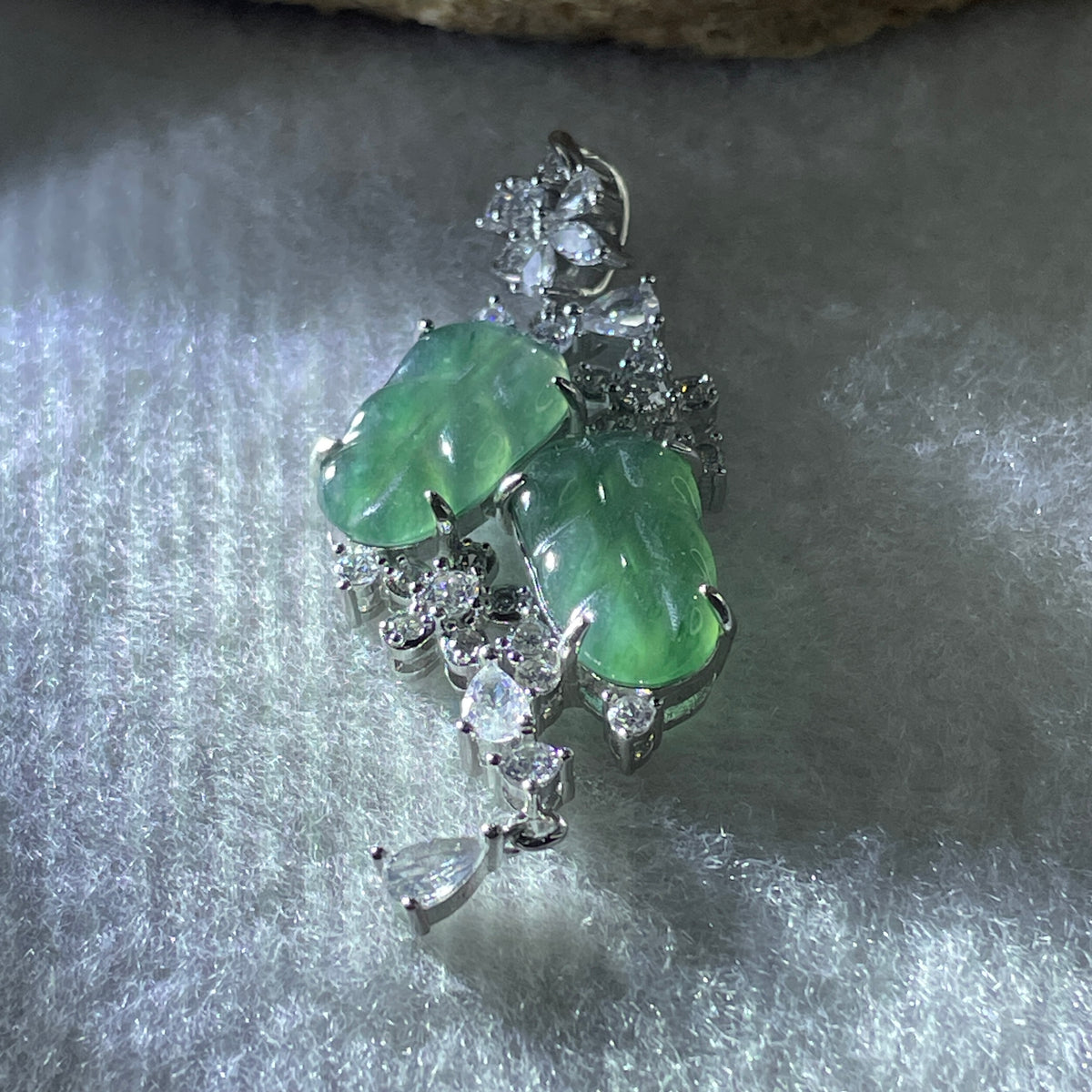 Natural Type A Icy Blueish Green Jadeite Double Leaf Pendant in S925 Silver |  (4.97g | 14.5 x 9.5 x 1.5mm | Double Growth & Executive Success Anchor, Feng Shui Prosperity & Harmony Pendant) - Huangs Jadeite and Jewelry Pte Ltd