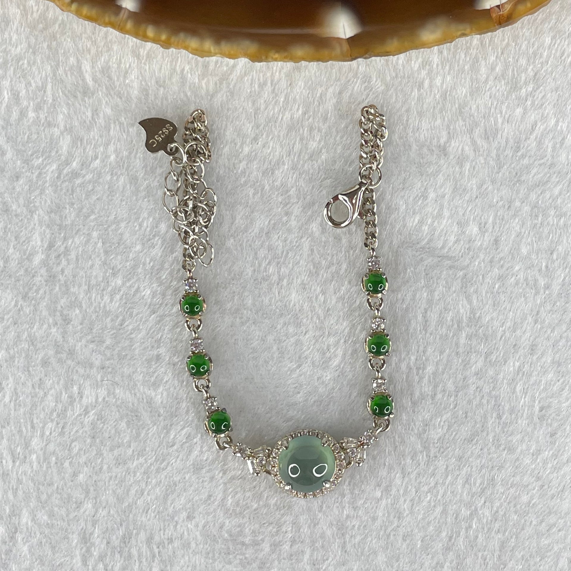 Type A Icy Blueish Green 7.2 by 5.0mm and Icy Green Omphasite Jadeite Cabochon With Crystals in S925 Sliver Bracelet 4.70g - Huangs Jadeite and Jewelry Pte Ltd
