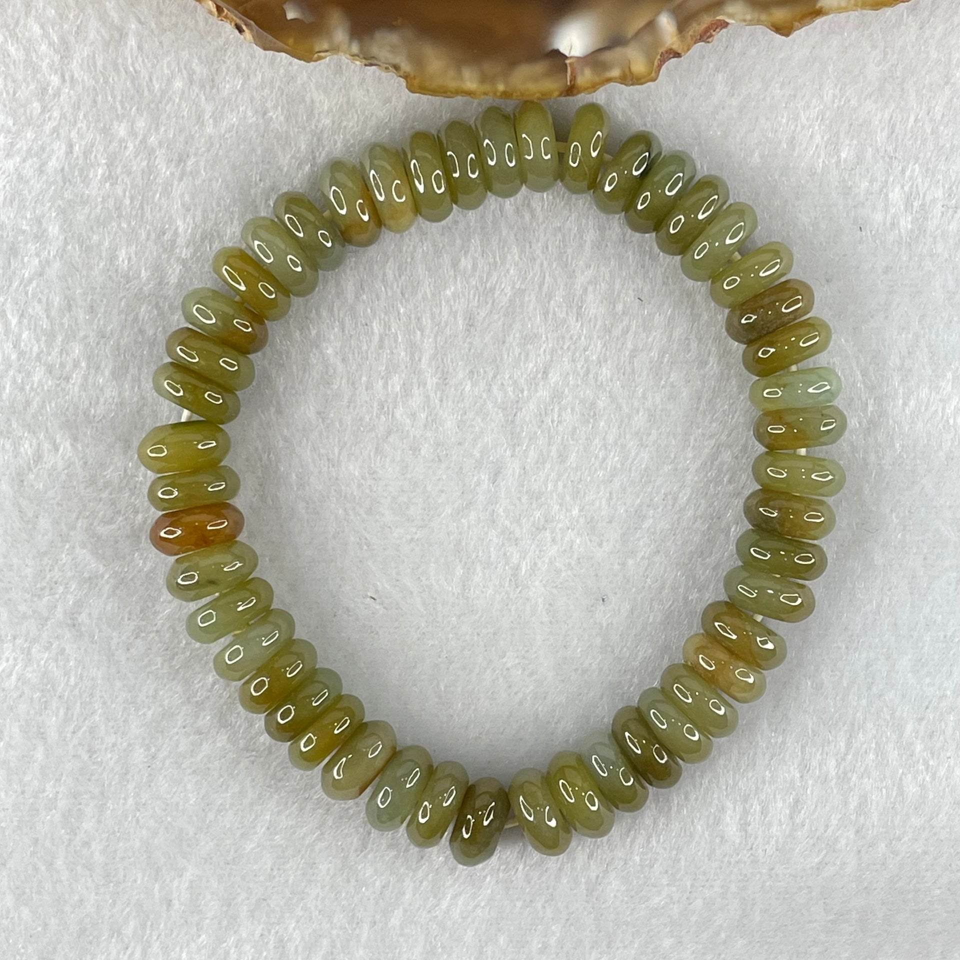 Type A Brown with Blueish Green Jadeite Ping An Kou Donut Beads Bracelet 33.05g 16cm 9.3mm 47pcs - Huangs Jadeite and Jewelry Pte Ltd