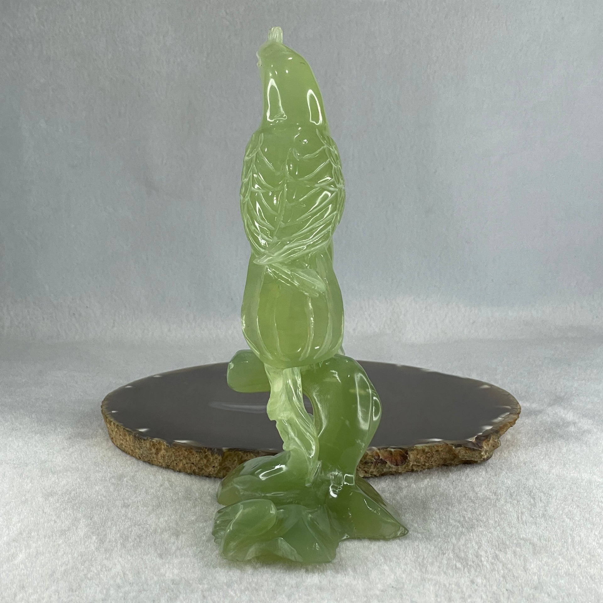 Natural Green Serpentine Bird on Plant with Wooden Stand Display 412.0g 135.0 by 96.0 by 190.0mm - Huangs Jadeite and Jewelry Pte Ltd