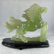 Natural Semi Icy Green Serpentine Double Horse with Wooden Stand Display 1119.9g 190.0 by 166.0 by 96.0mm - Huangs Jadeite and Jewelry Pte Ltd