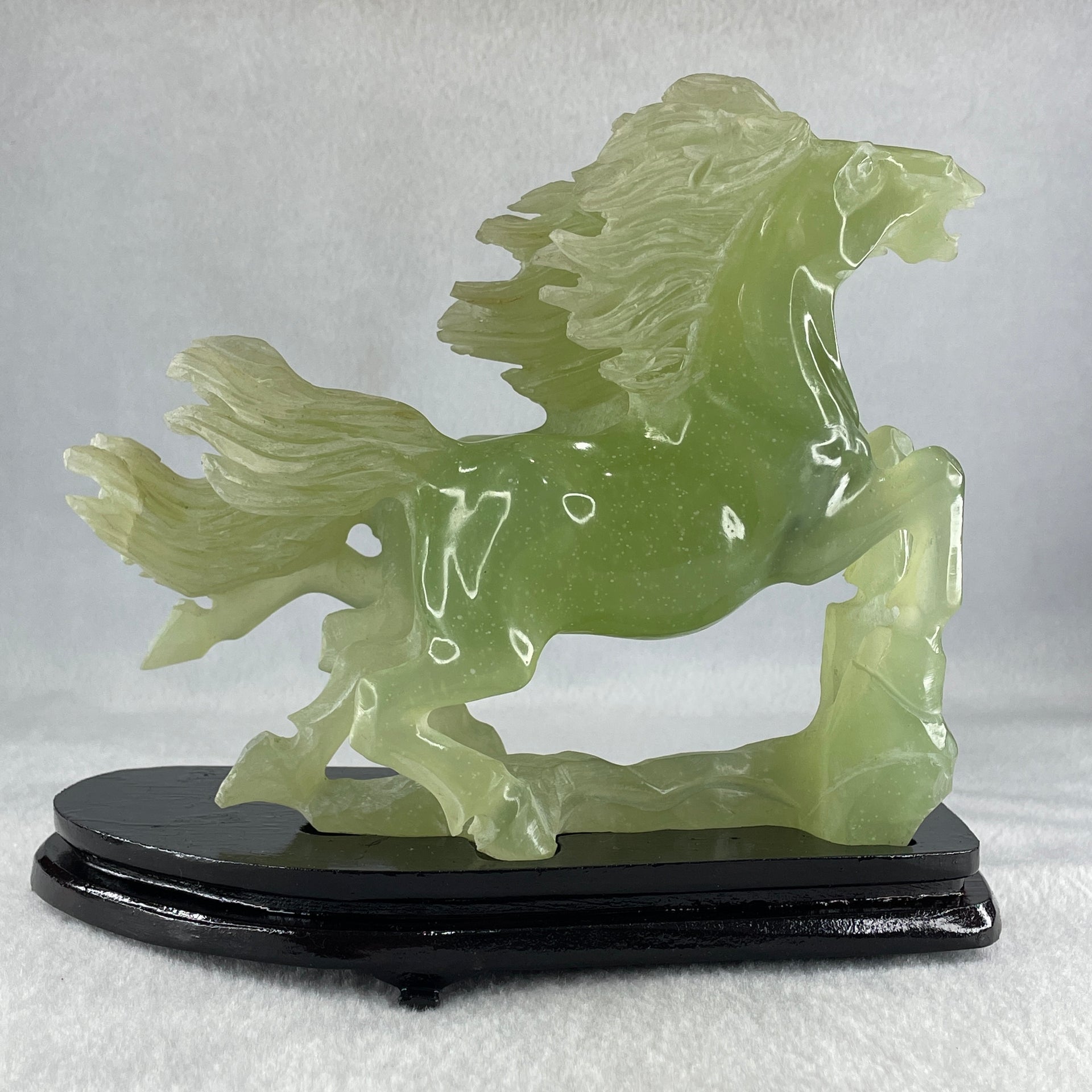 Natural Semi Icy Green Serpentine Double Horse with Wooden Stand Display 1119.9g 190.0 by 166.0 by 96.0mm - Huangs Jadeite and Jewelry Pte Ltd
