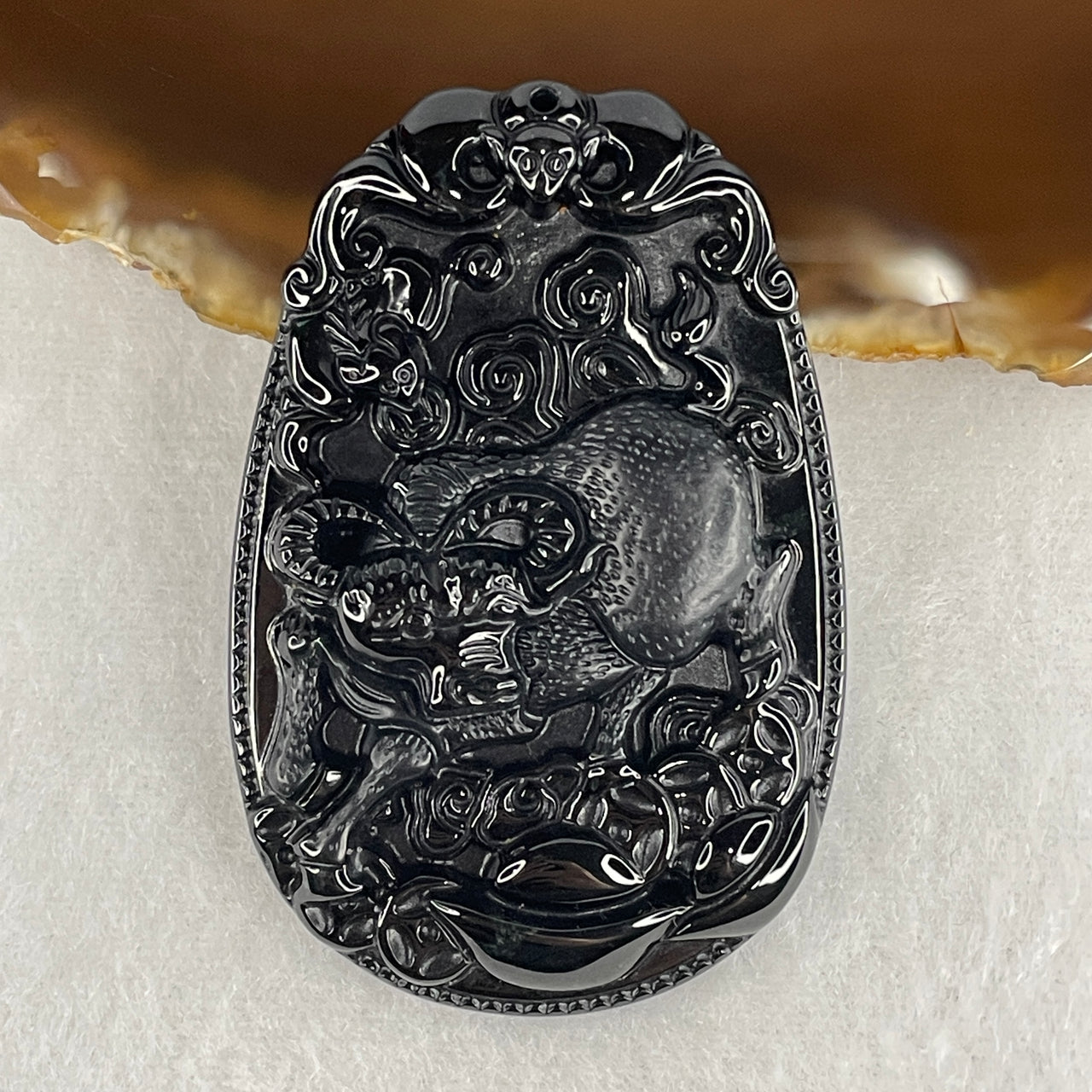 Certified Type A Opaque Black Omphacite Jadeite Ox with Twin Bat & Coins Pendant | Steadfast Prosperity, Double Fortune & Ox Zodiac Protection Talisman (27.72g | 60.0 x 40.2 x 9.0mm)